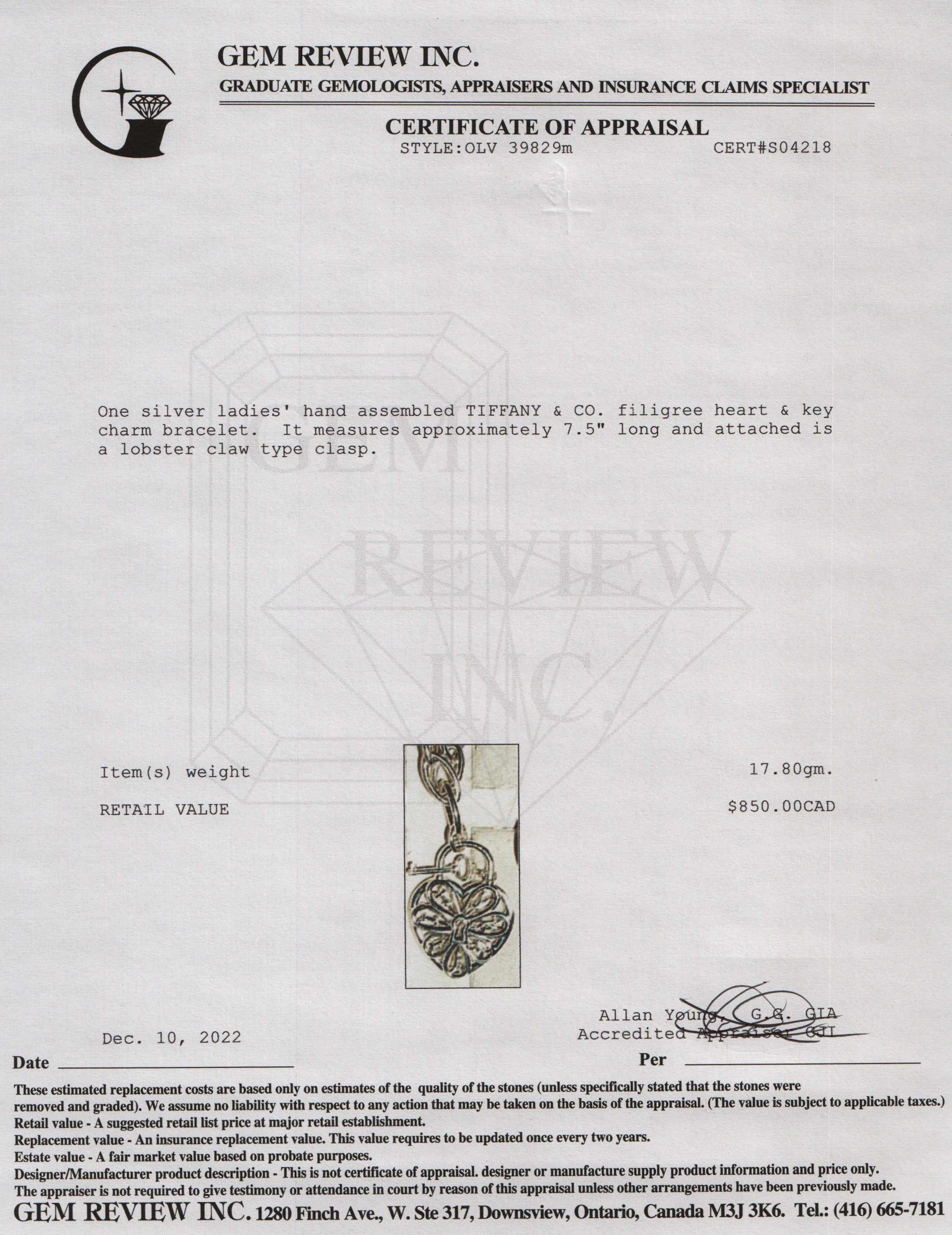 Tiffany & Co. Filigree Heart Lock and Key Charm Bracelet