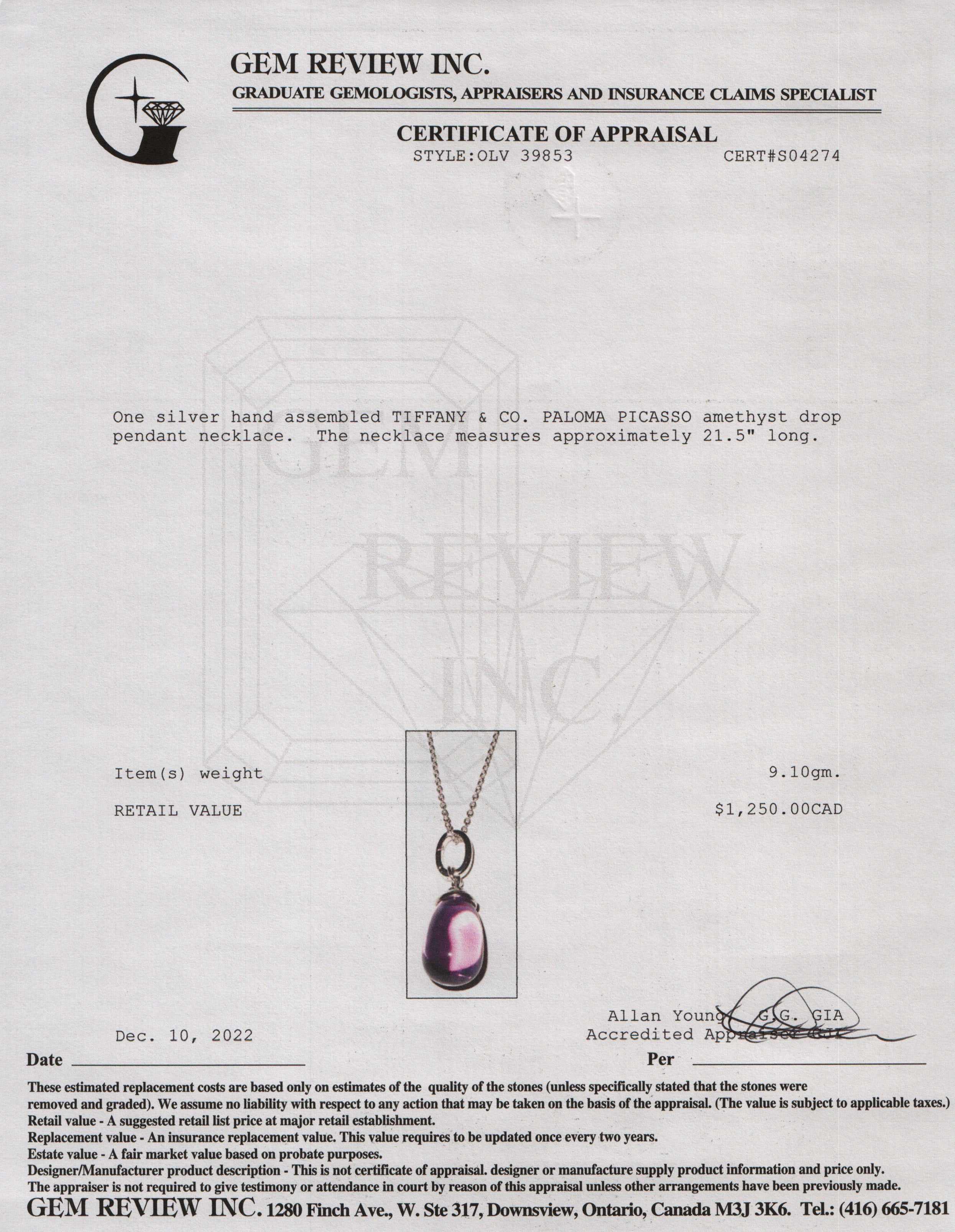 Tiffany & Co. Paloma Picasso Amethyst Drop Pendant Necklace