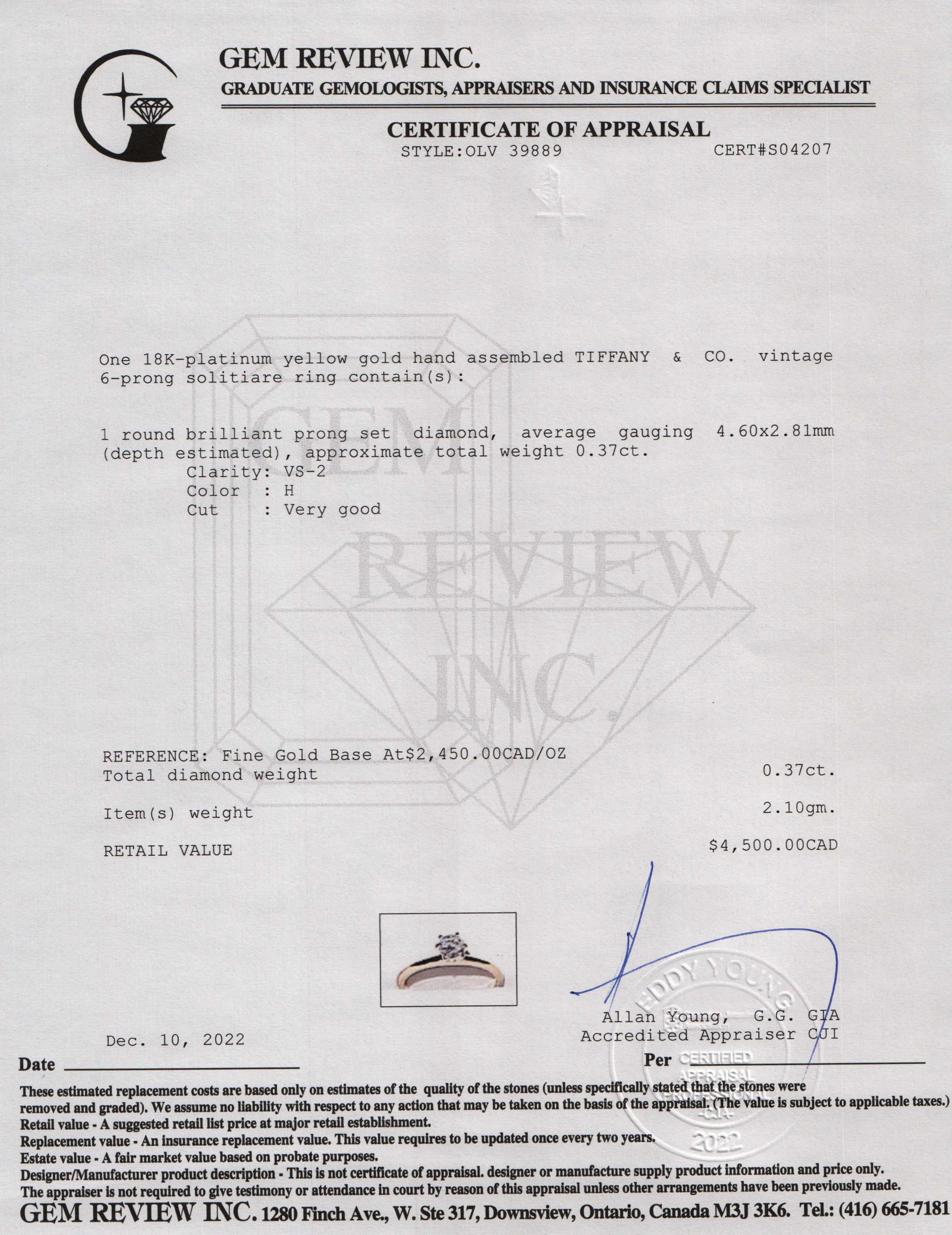Tiffany & Co. 18k Yellow Gold Solitaire 0.37 ct. Diamond Engagement Ring w/ Box & Damond Certificate