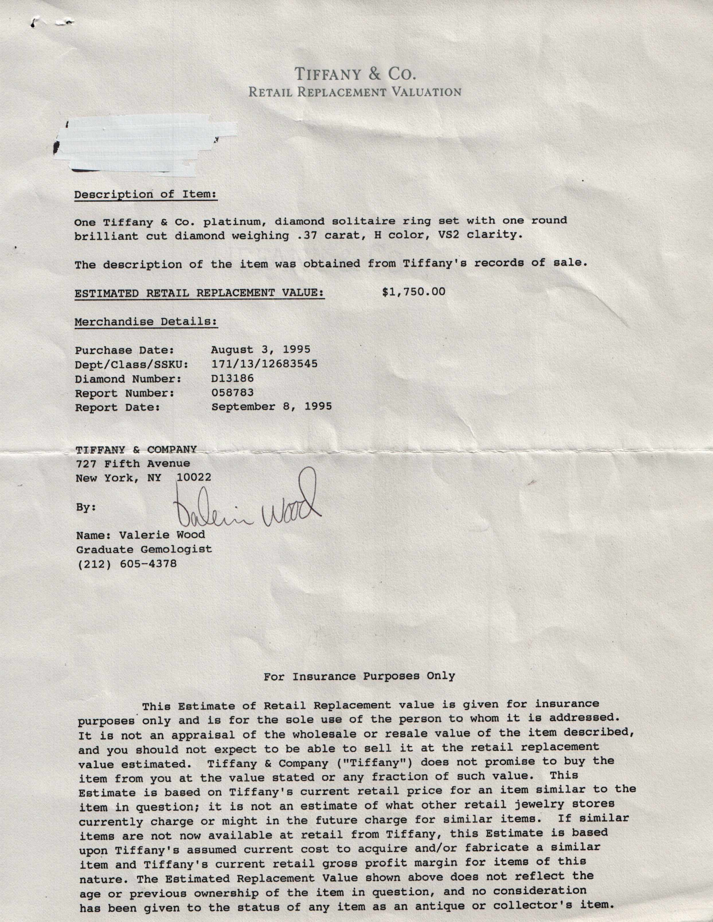 Tiffany & Co. 18k Yellow Gold Solitaire 0.37 ct. Diamond Engagement Ring w/ Box & Damond Certificate