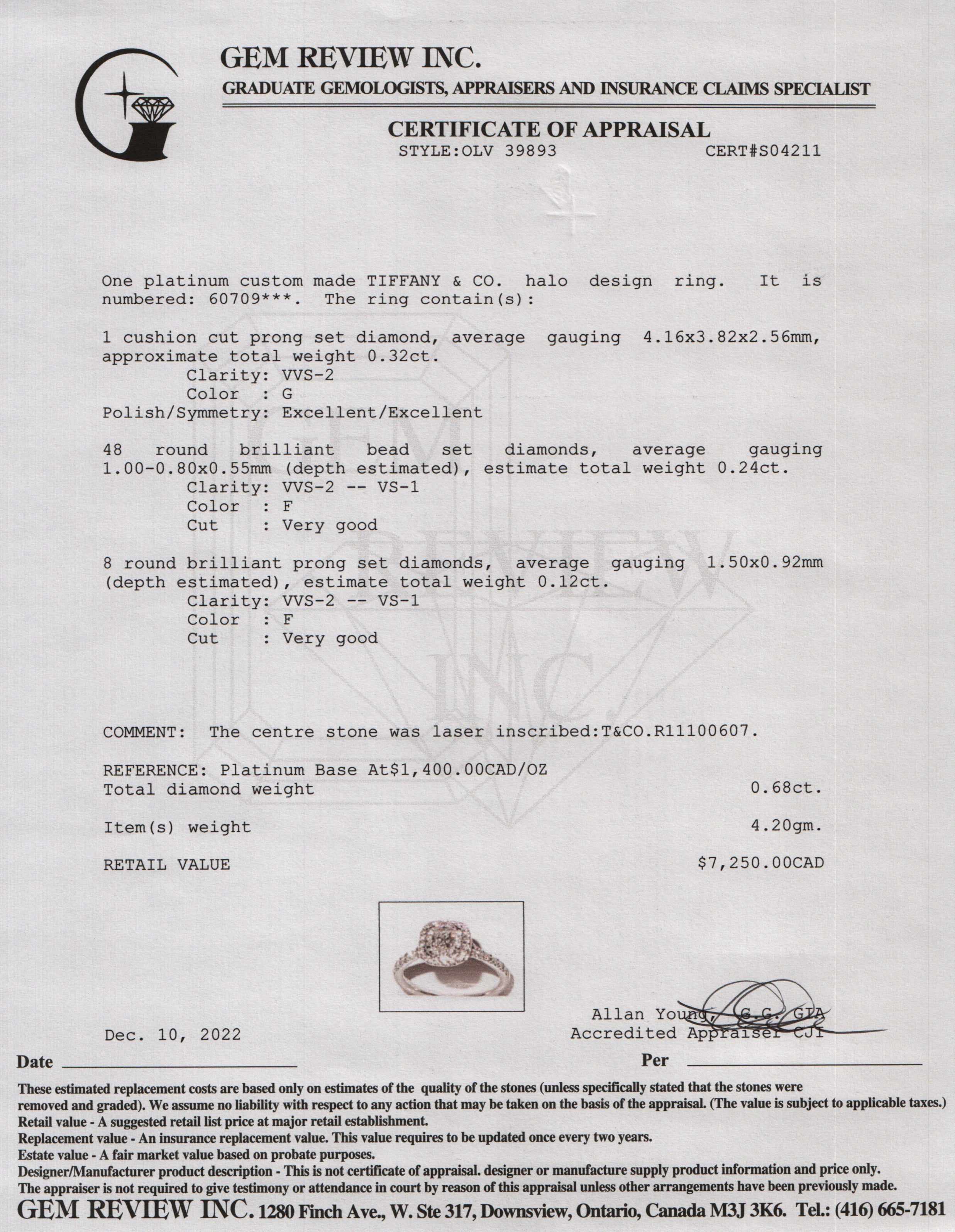 Tiffany & Co. Soleste Halo Diamond Engagement Ring w/ Box & Diamond Certificate