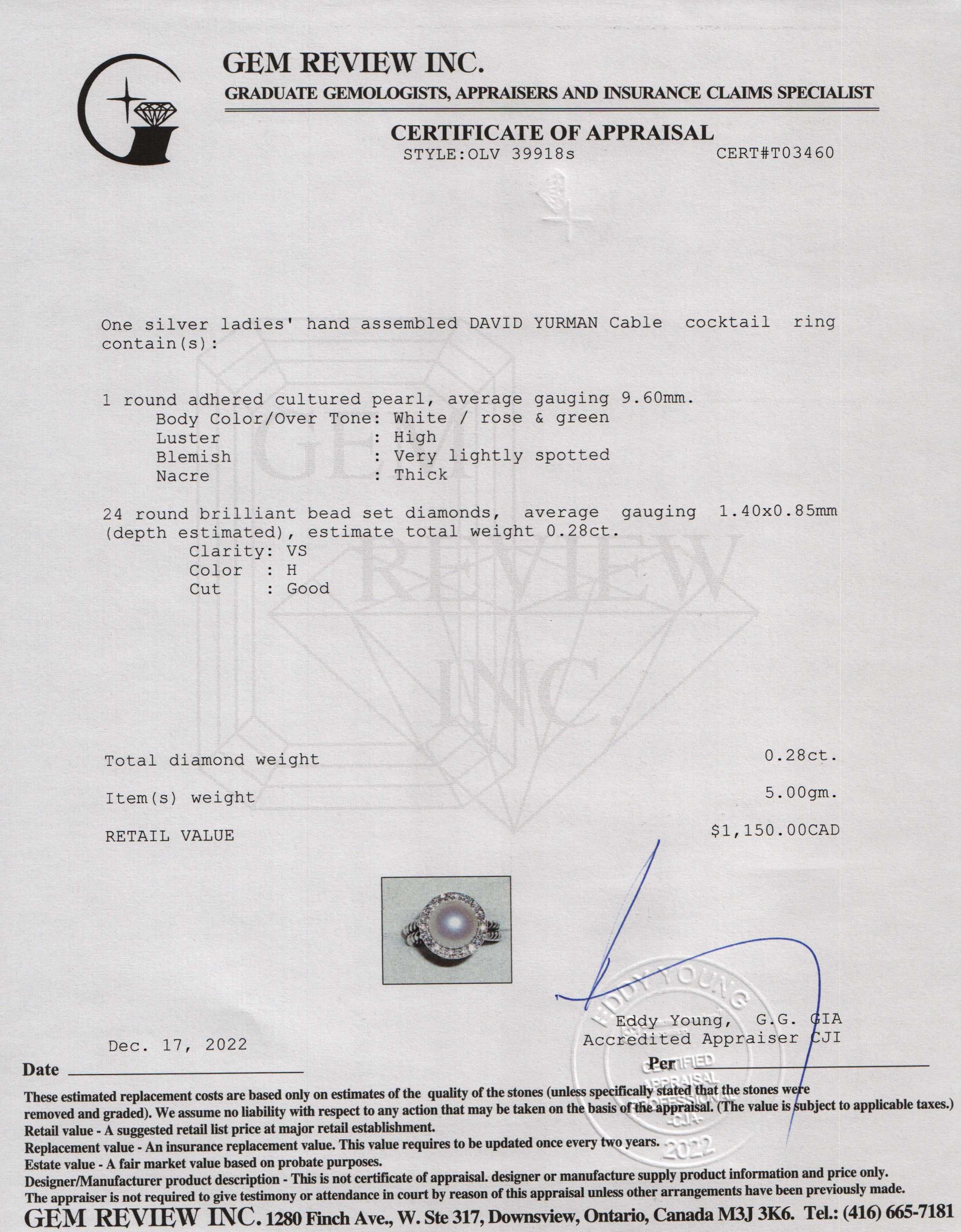 David Yurman Pearl & Diamond Cable Cocktail Ring