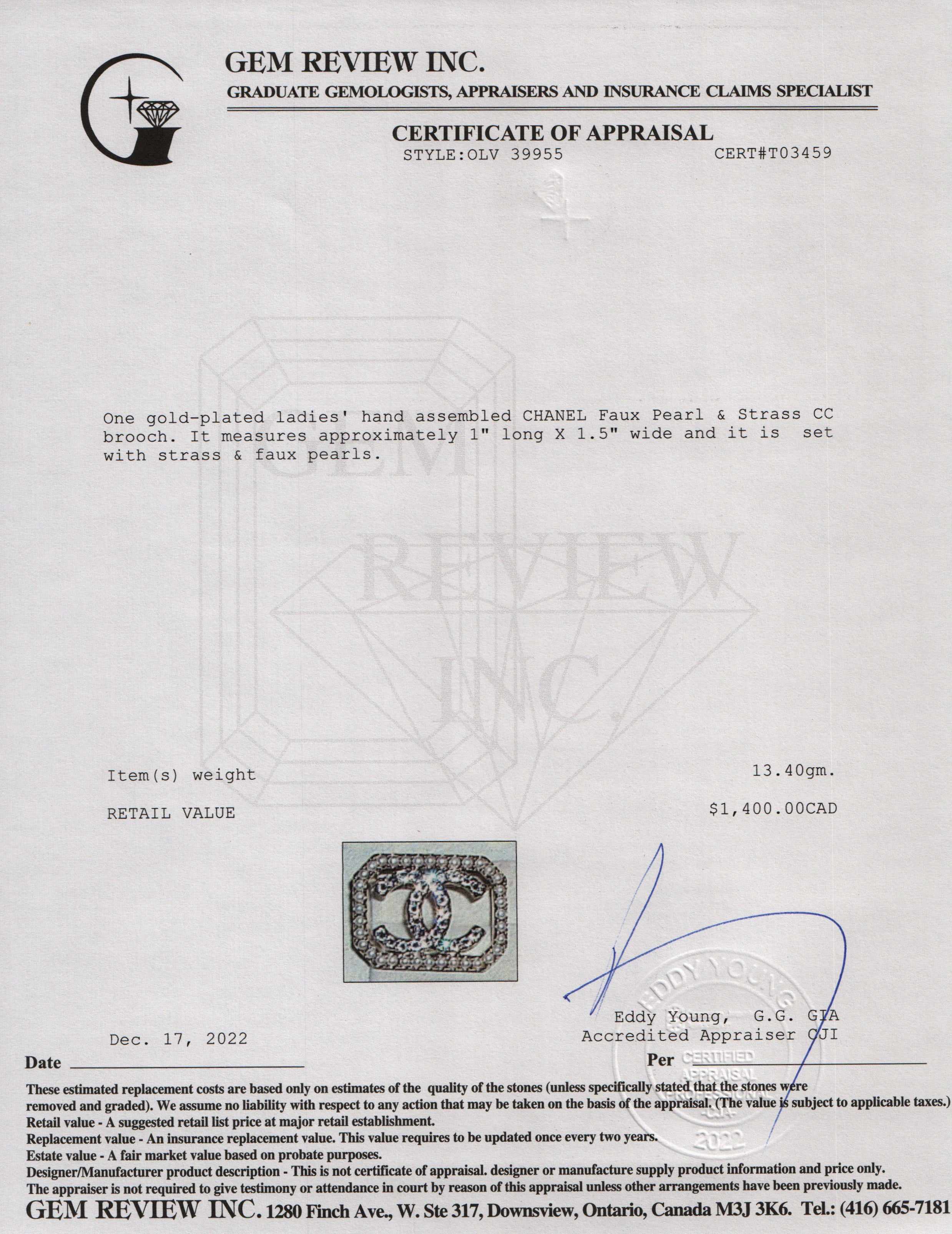 Chanel 2020 Faux Pearl & Strass CC Brooch