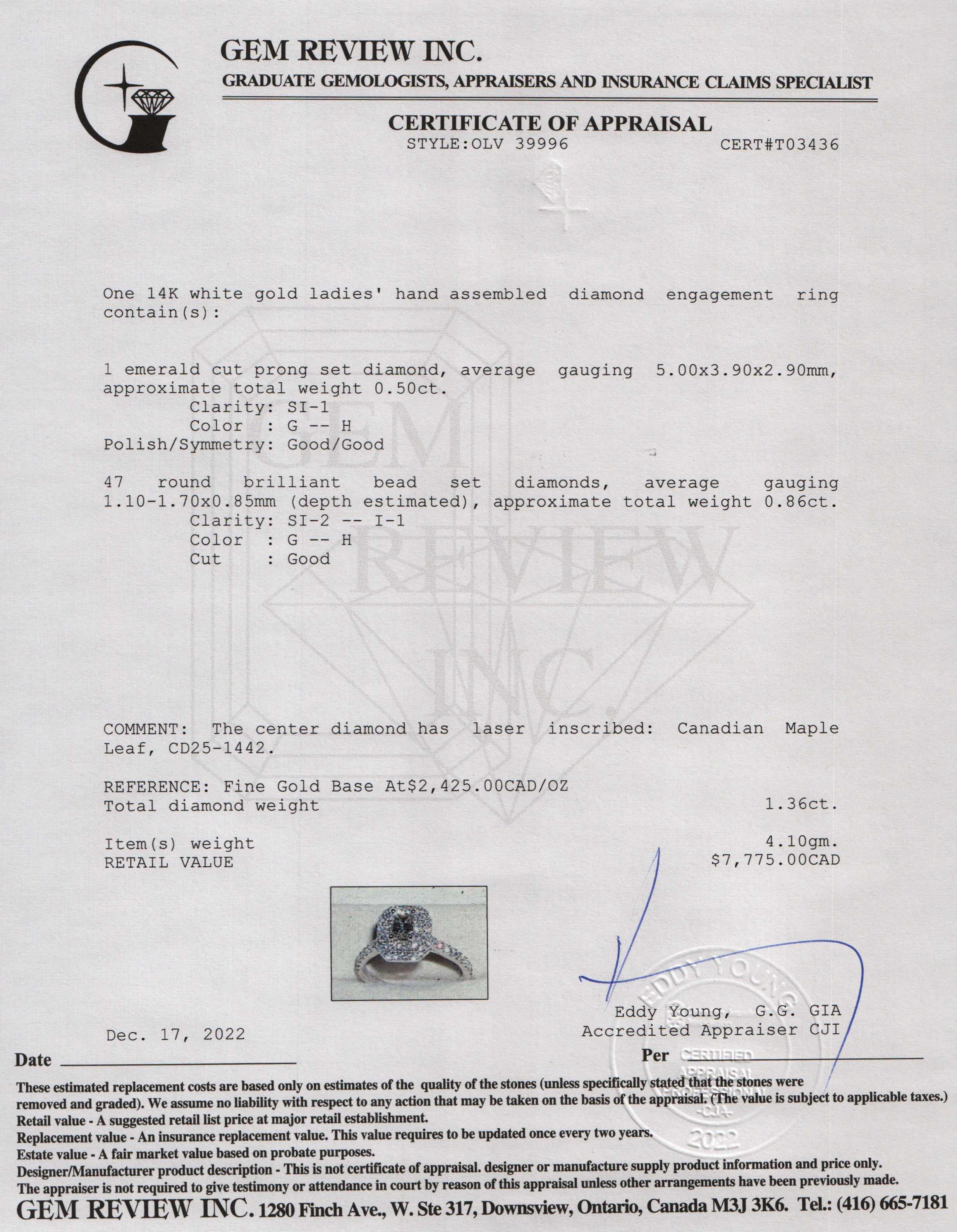 14k White Gold 0.50 ct. Emerald Cut Diamond Halo Engagement Ring