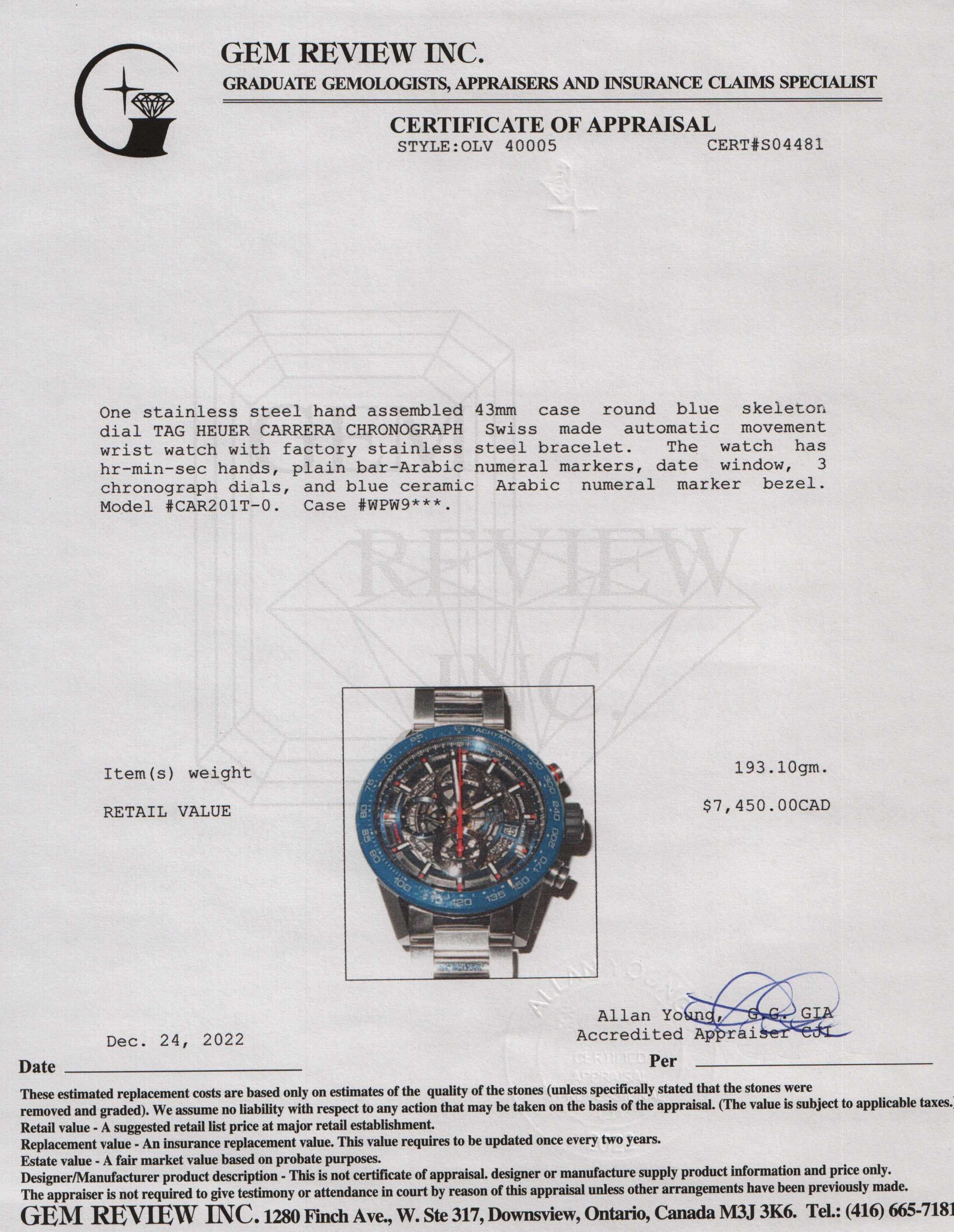 Tag Heuer Carrera Skeleton Chronograph Watch w/ Box