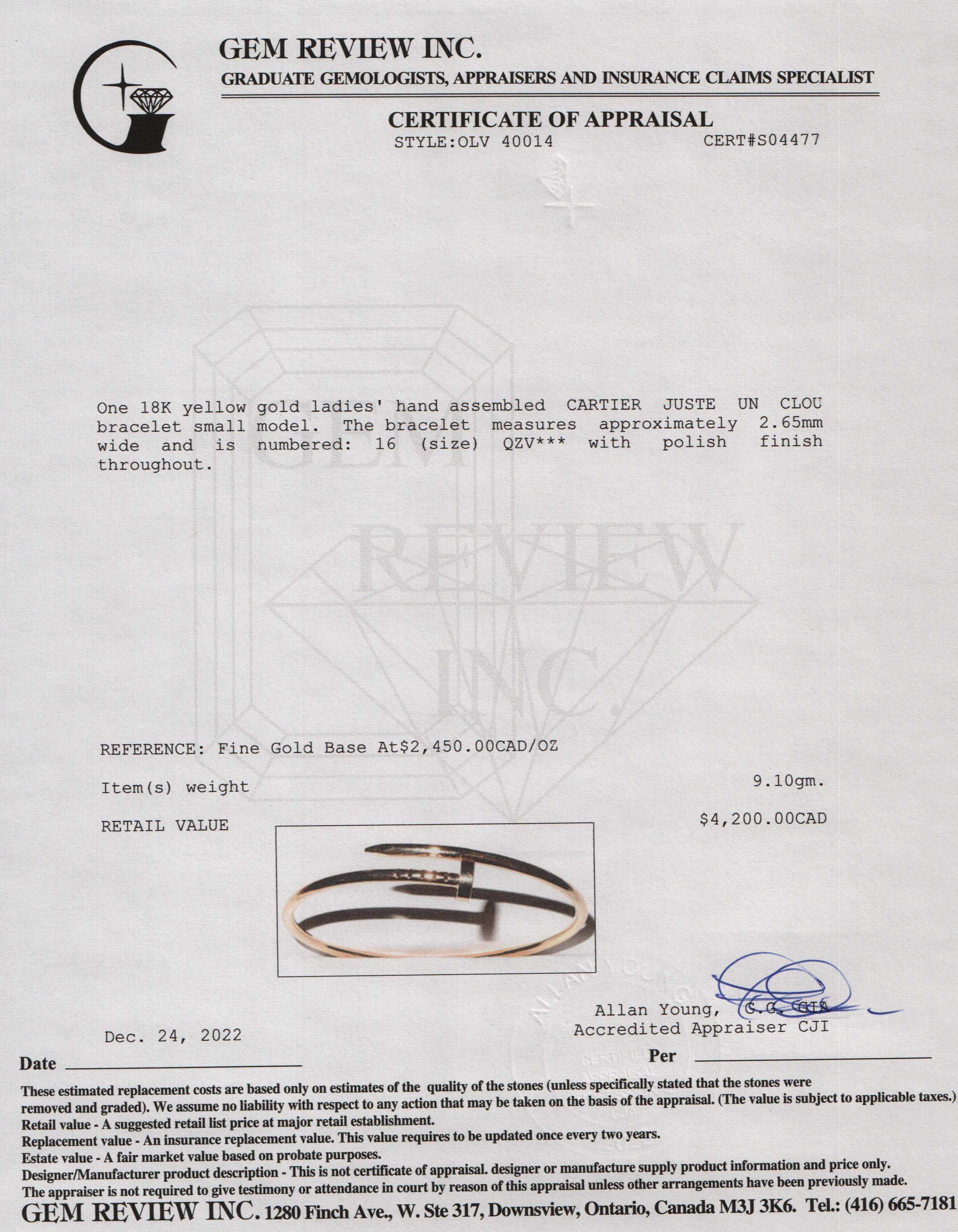 Cartier Juste Un Clou Bracelet, Small Model w/ Box, Receipt & Certificate