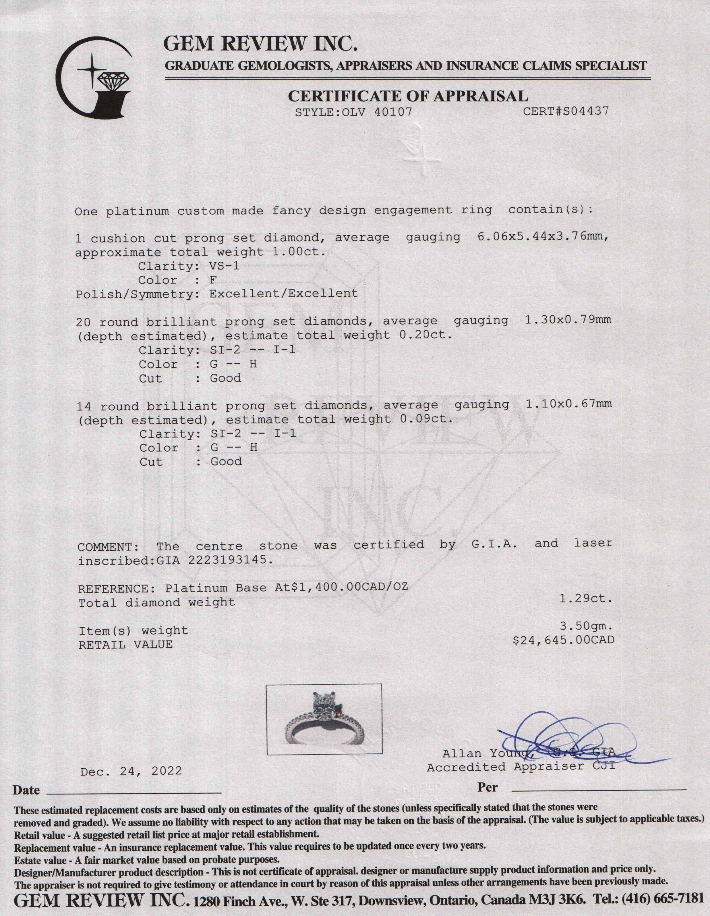 Platinum 1.00 ct. Diamond Engagement Ring w/ GIA Diamond Certificate