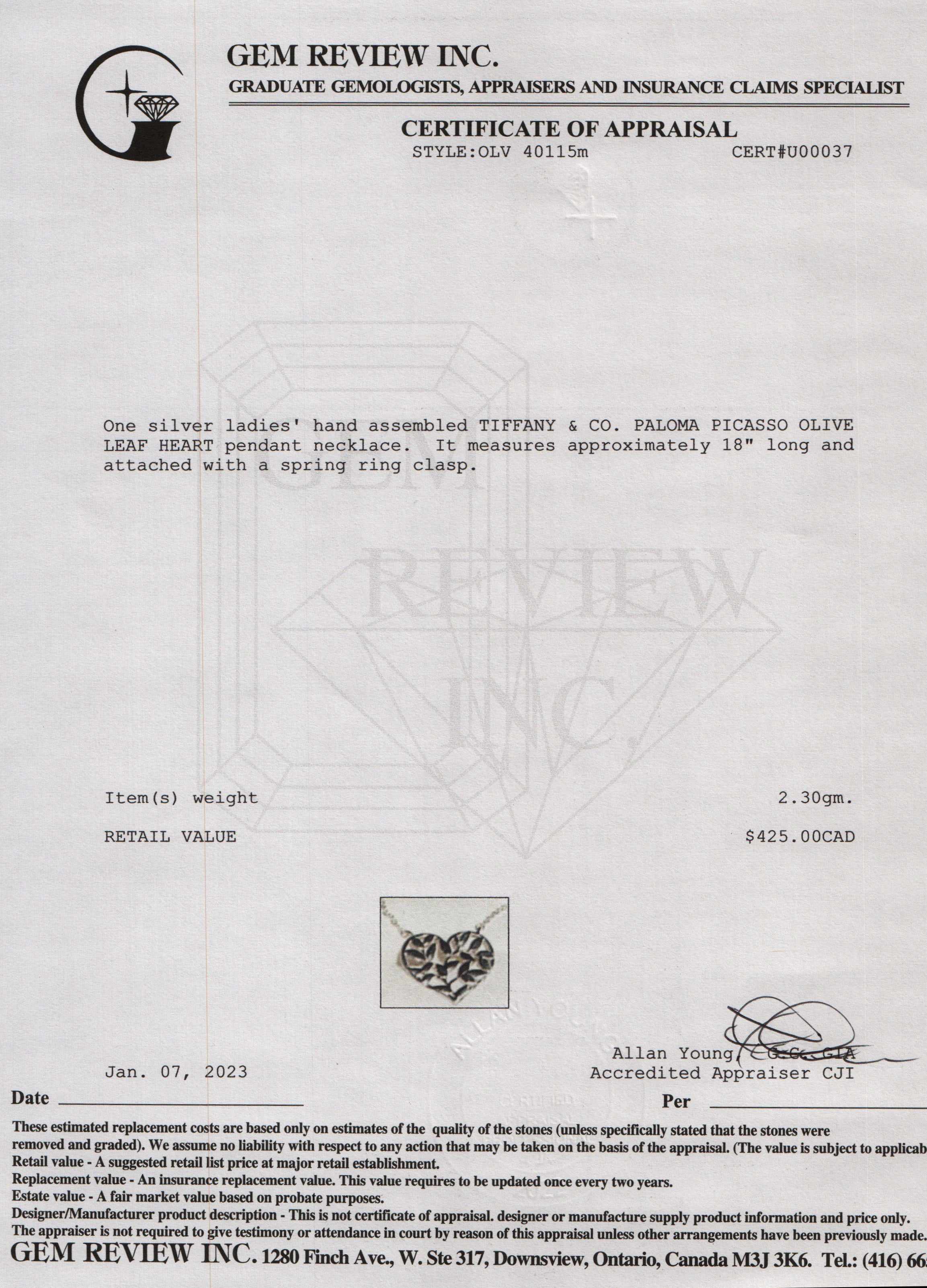 Tiffany & Co. Paloma Picasso Olive Leaf Heart Pendant Necklace