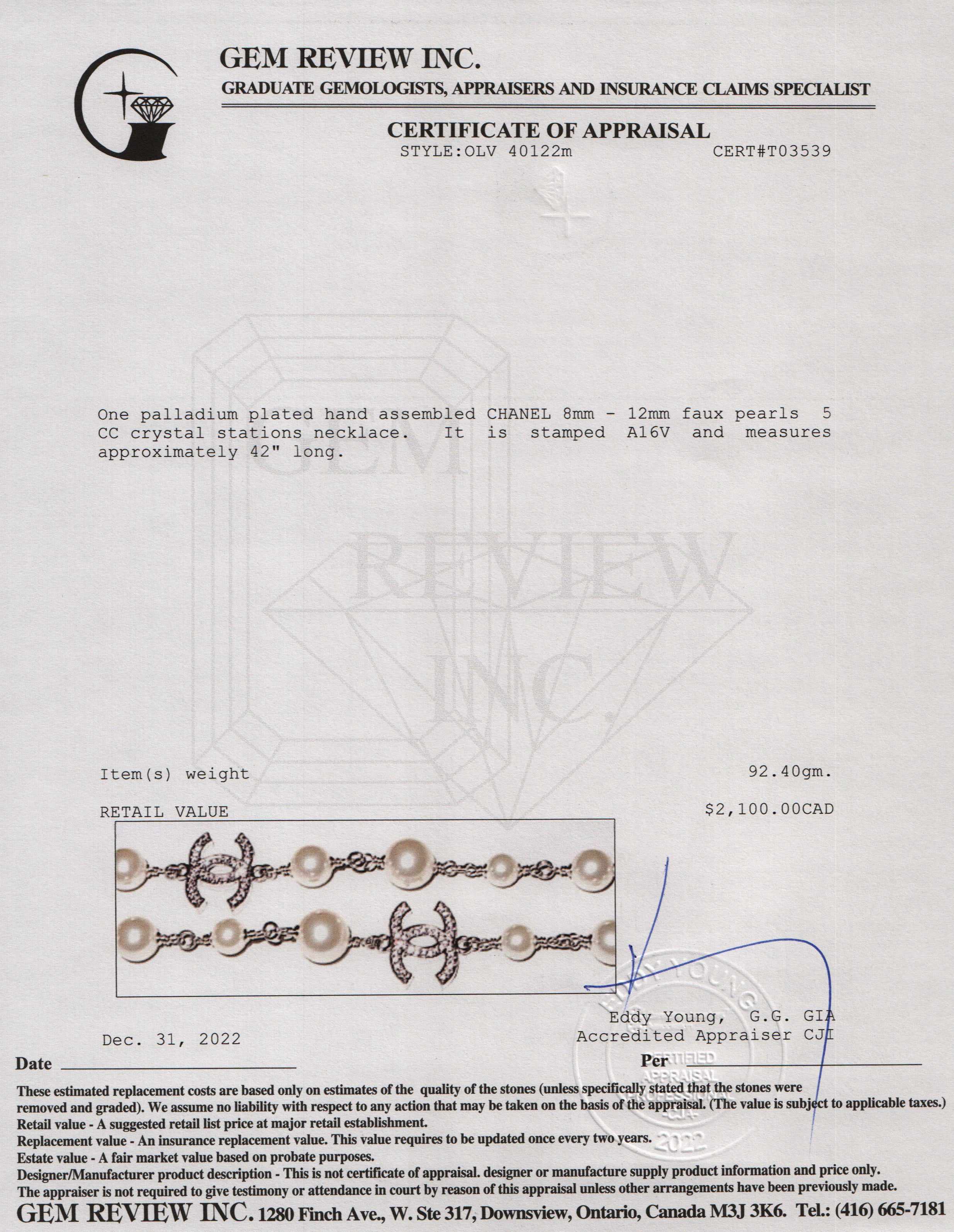 Chanel Faux Pearl & Strass CC Station Necklace w/ Box