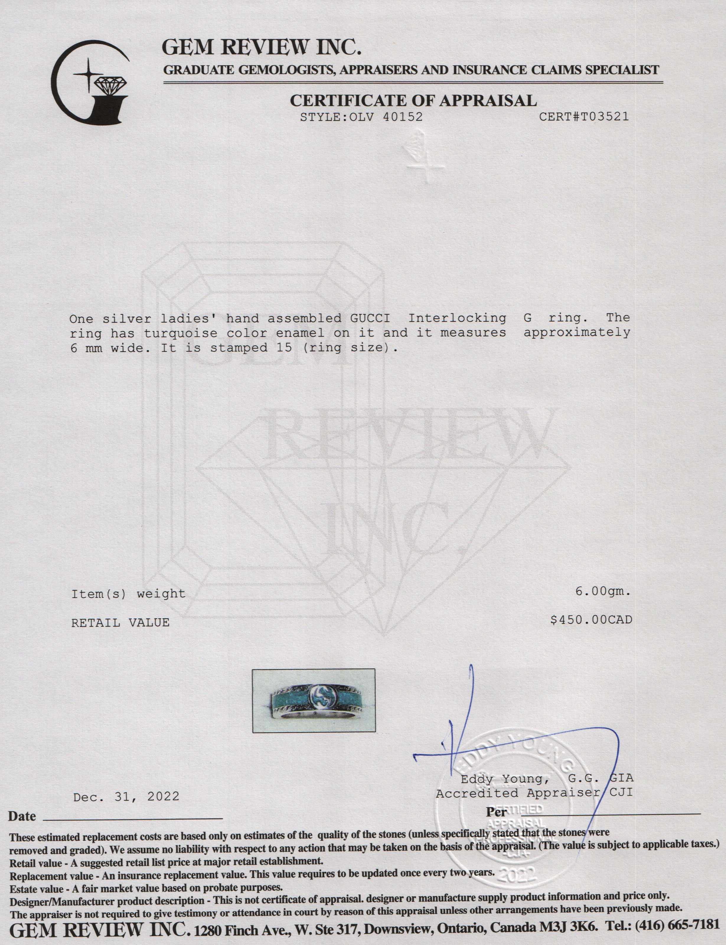 Gucci Interlocking G Ring with Turquoise Enamel w/ Box