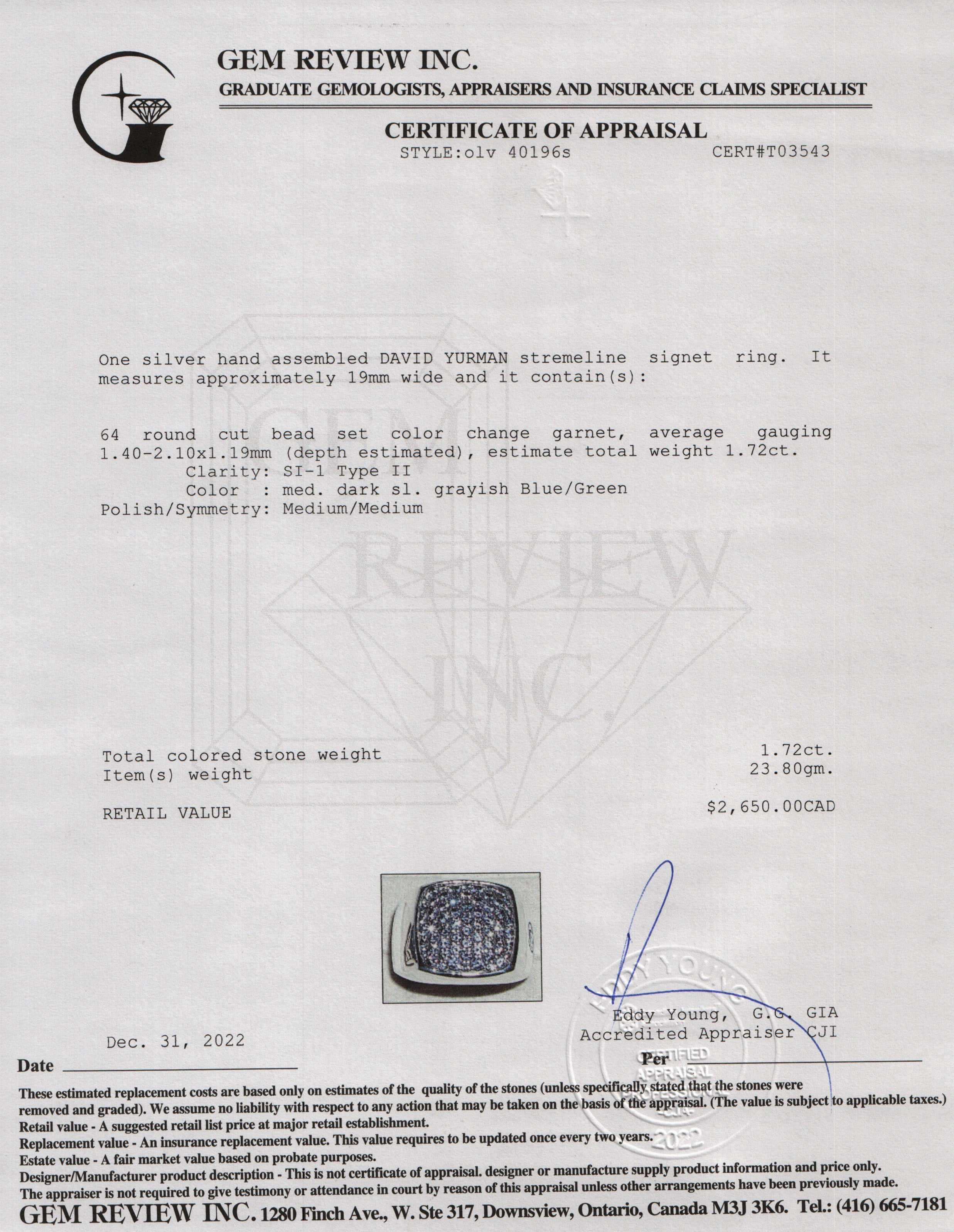 David Yurman Streamline Signet Ring with Colour Change Garnets