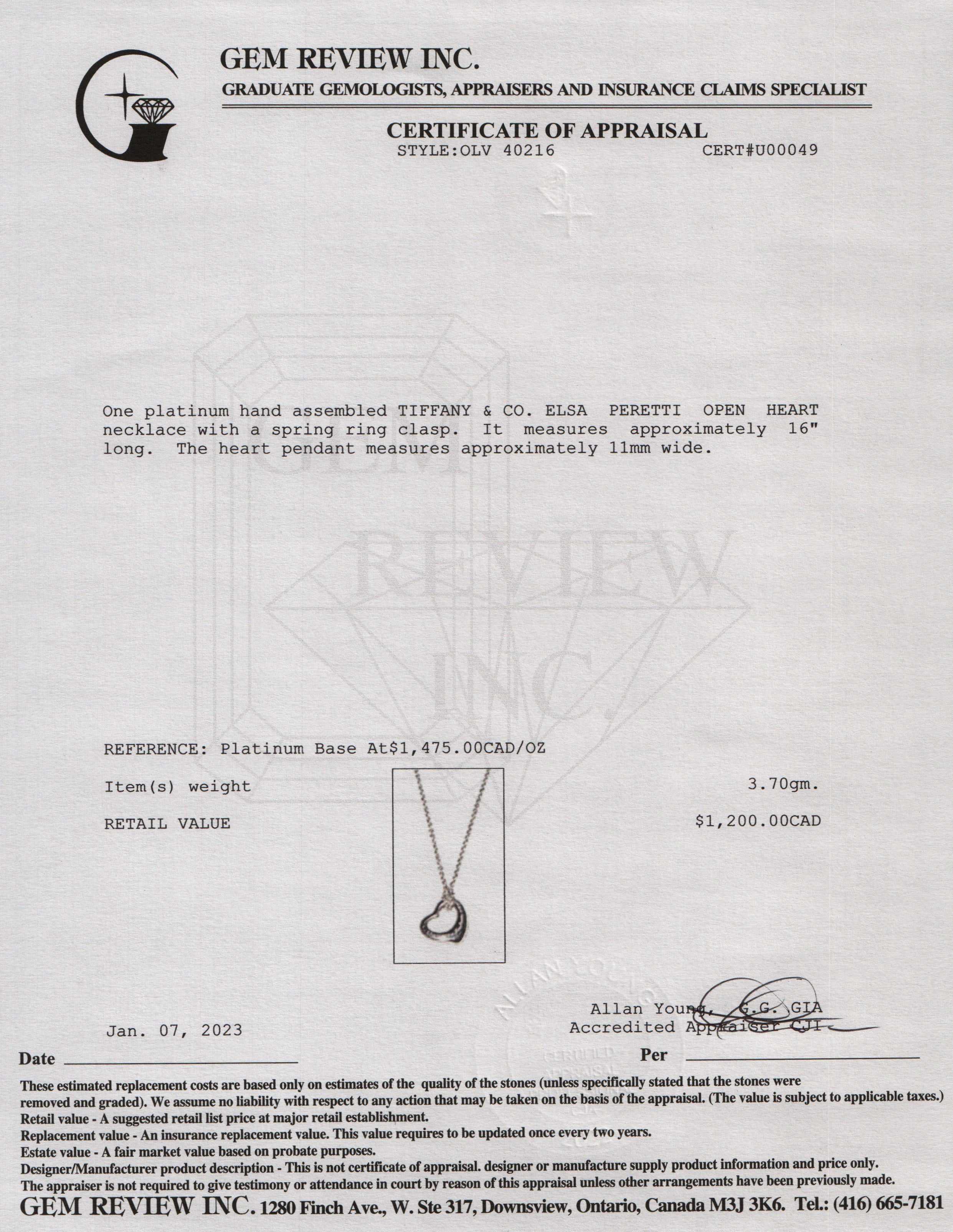 Tiffany & Co. Elsa Peretti Platinum Mini Open Heart Pendant Necklace, 11 mm