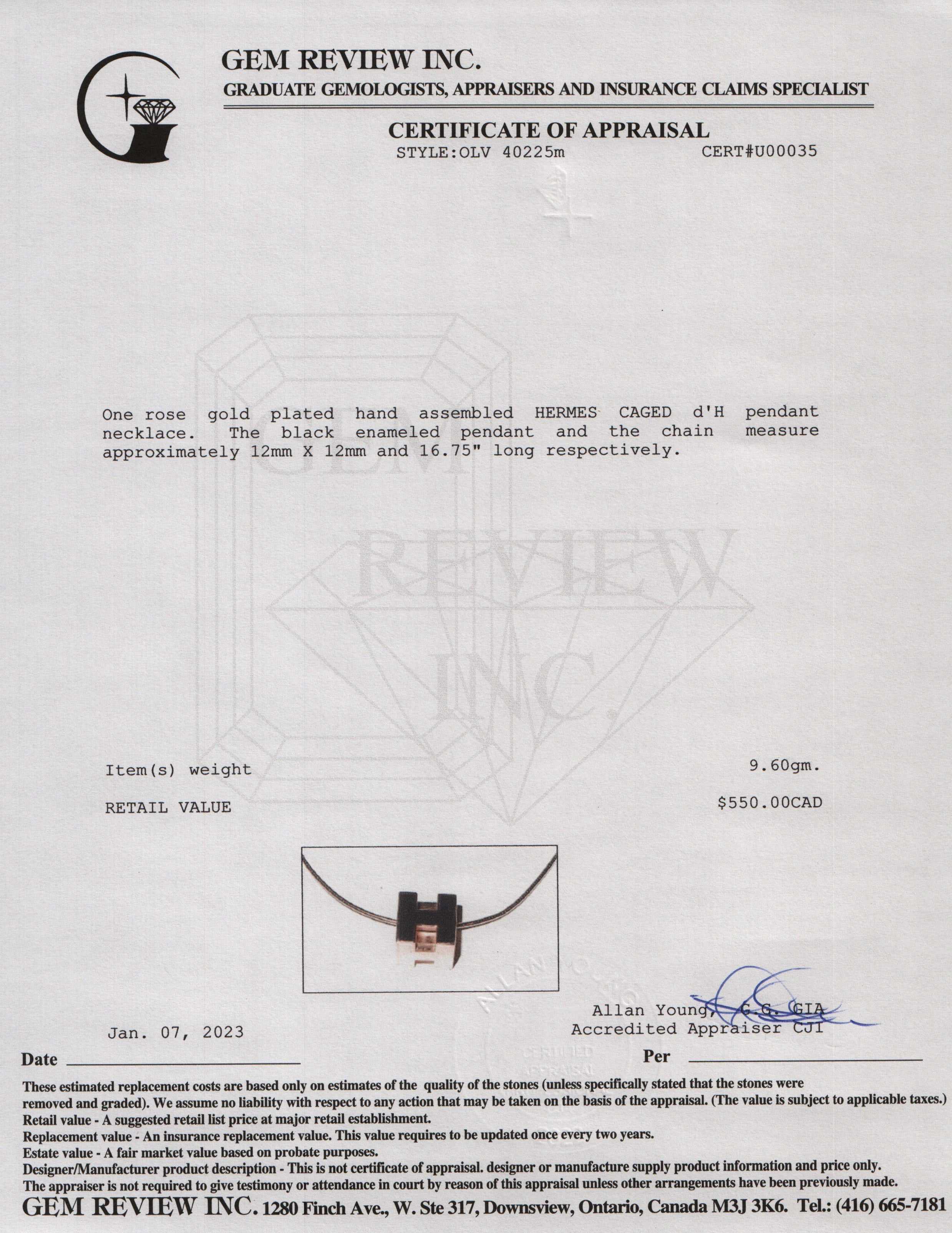 Hermes Cage d'H Pendant Necklace