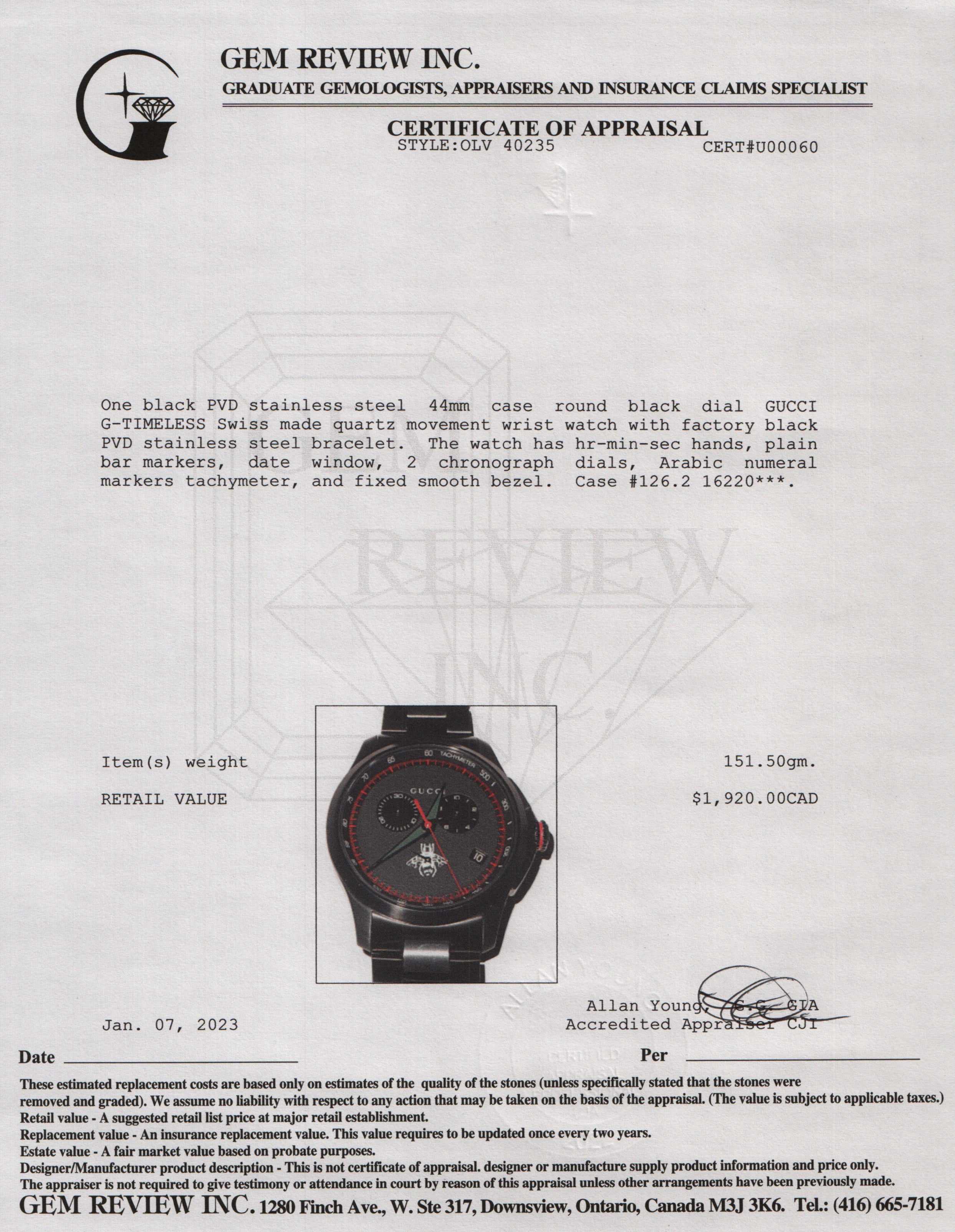 Gucci G-Timeless 44 mm Chronograph Watch w/ Box & Papers