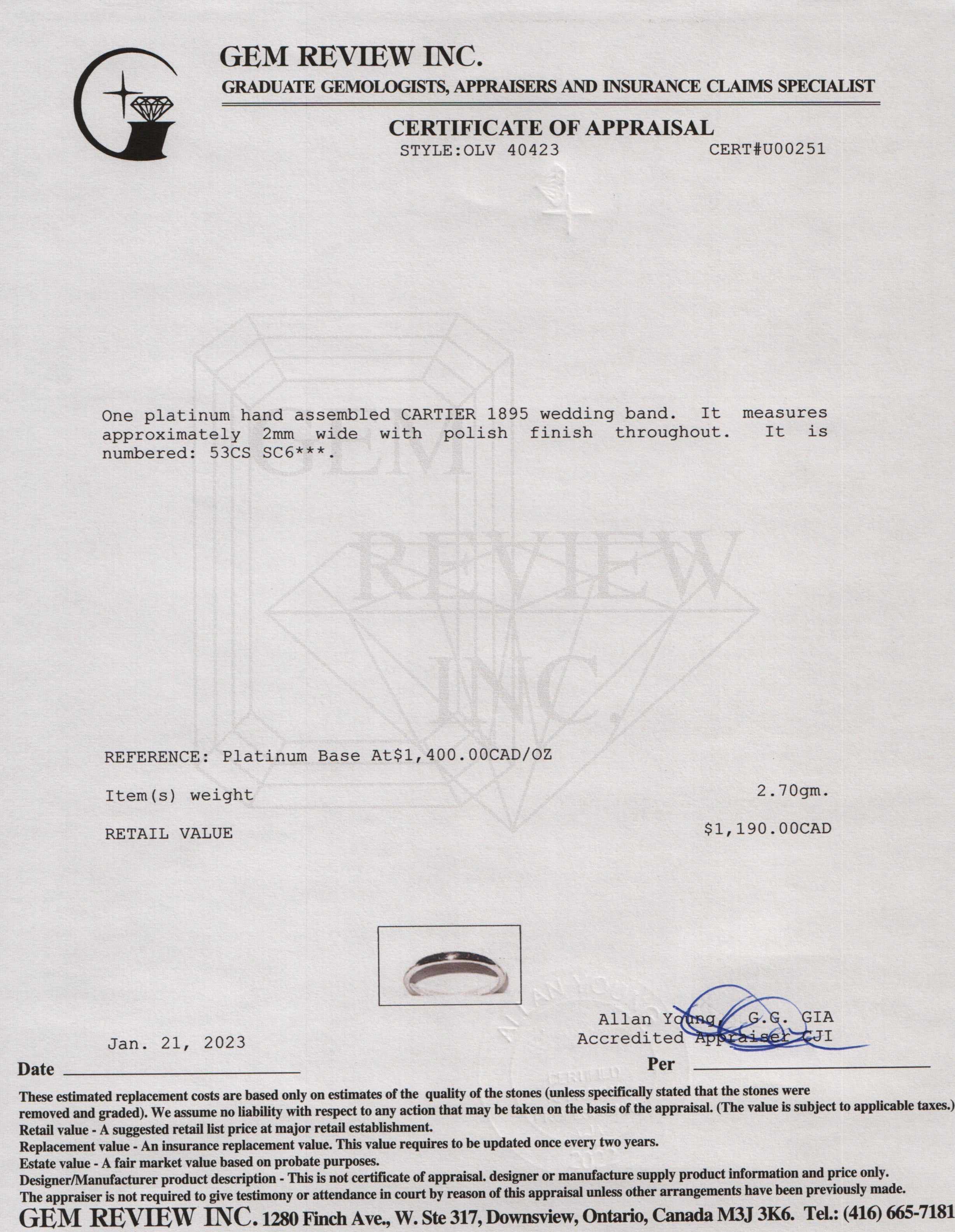 Cartier Platinum 1895 Wedding Band