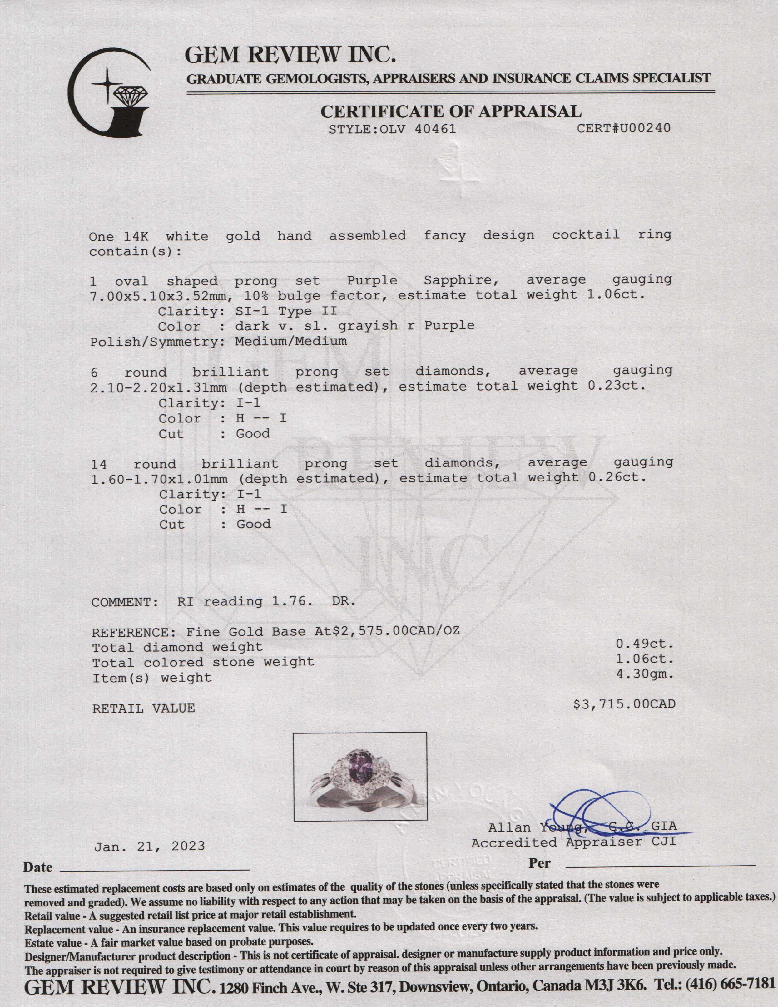 14k White Gold Purple Sapphire & Diamond Cocktail Ring