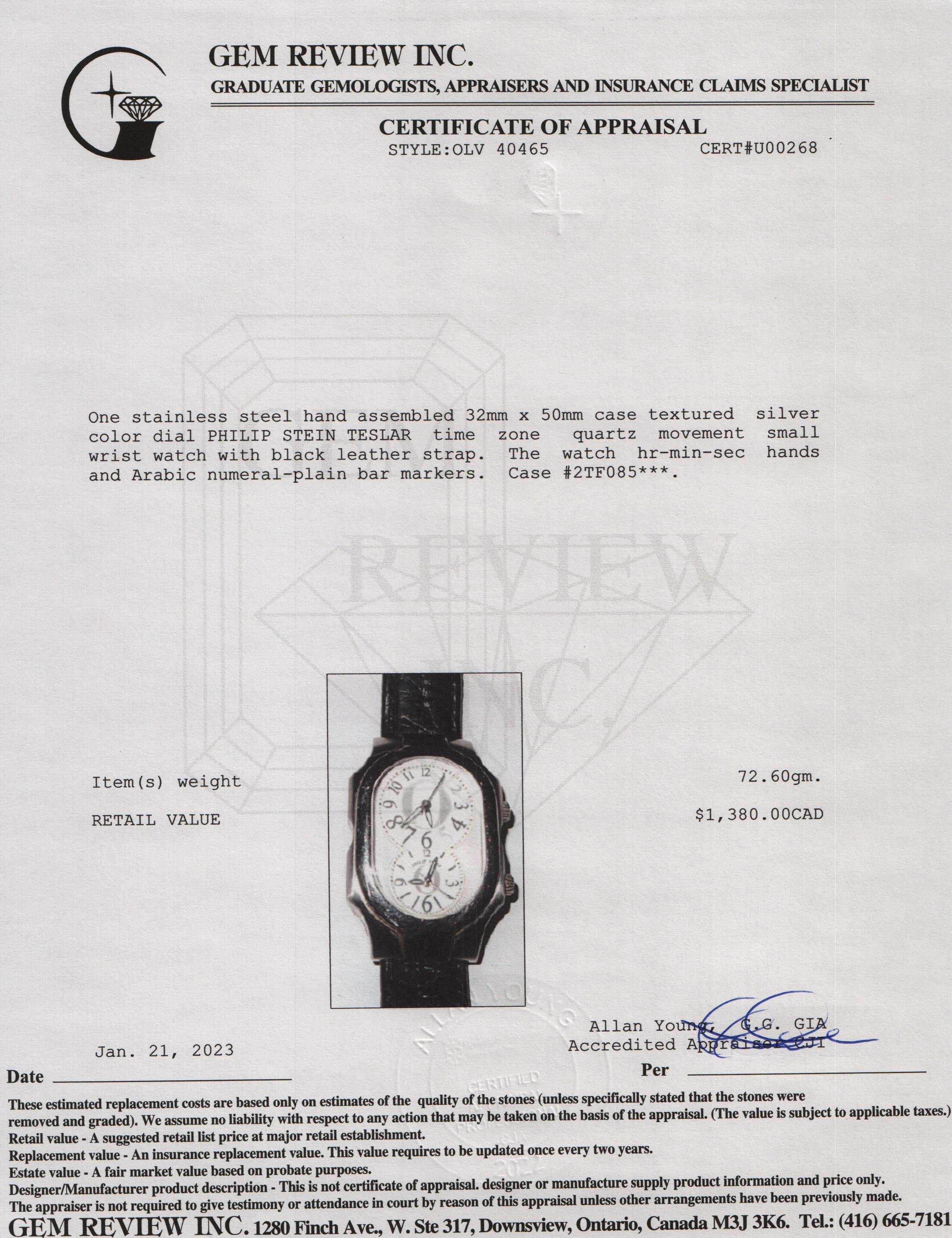 Philip Stein Teslar Watch w/ Box & Papers