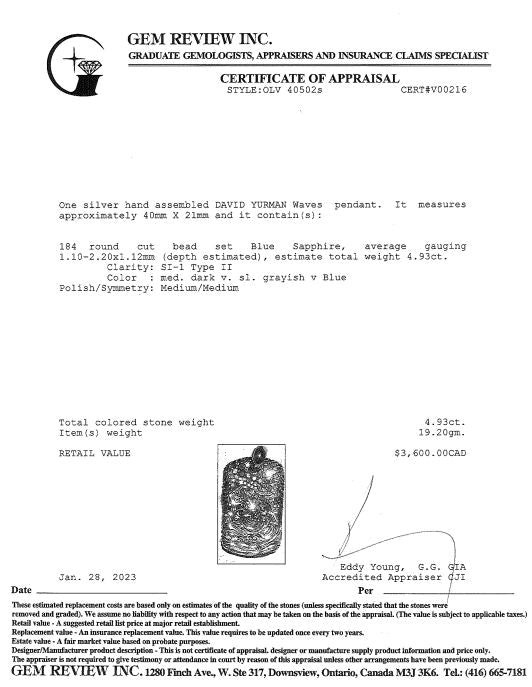 David Yurman Waves Dog Tag Pendant with Blue Sapphires