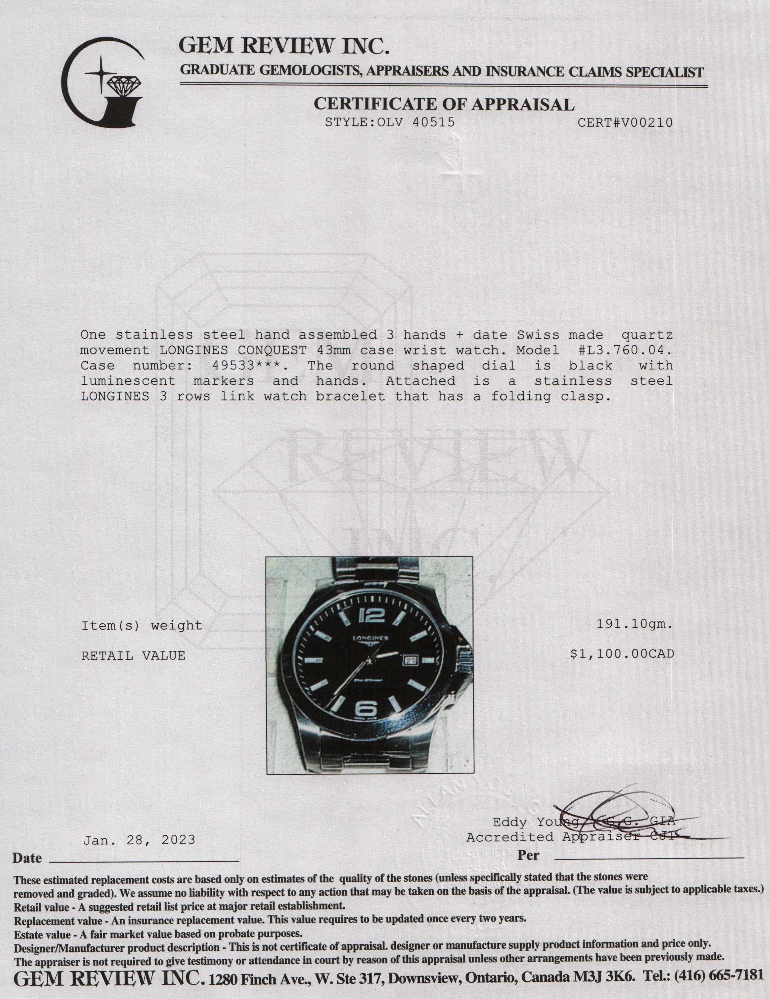 Longines Conquest Watch w/ Box & Papers