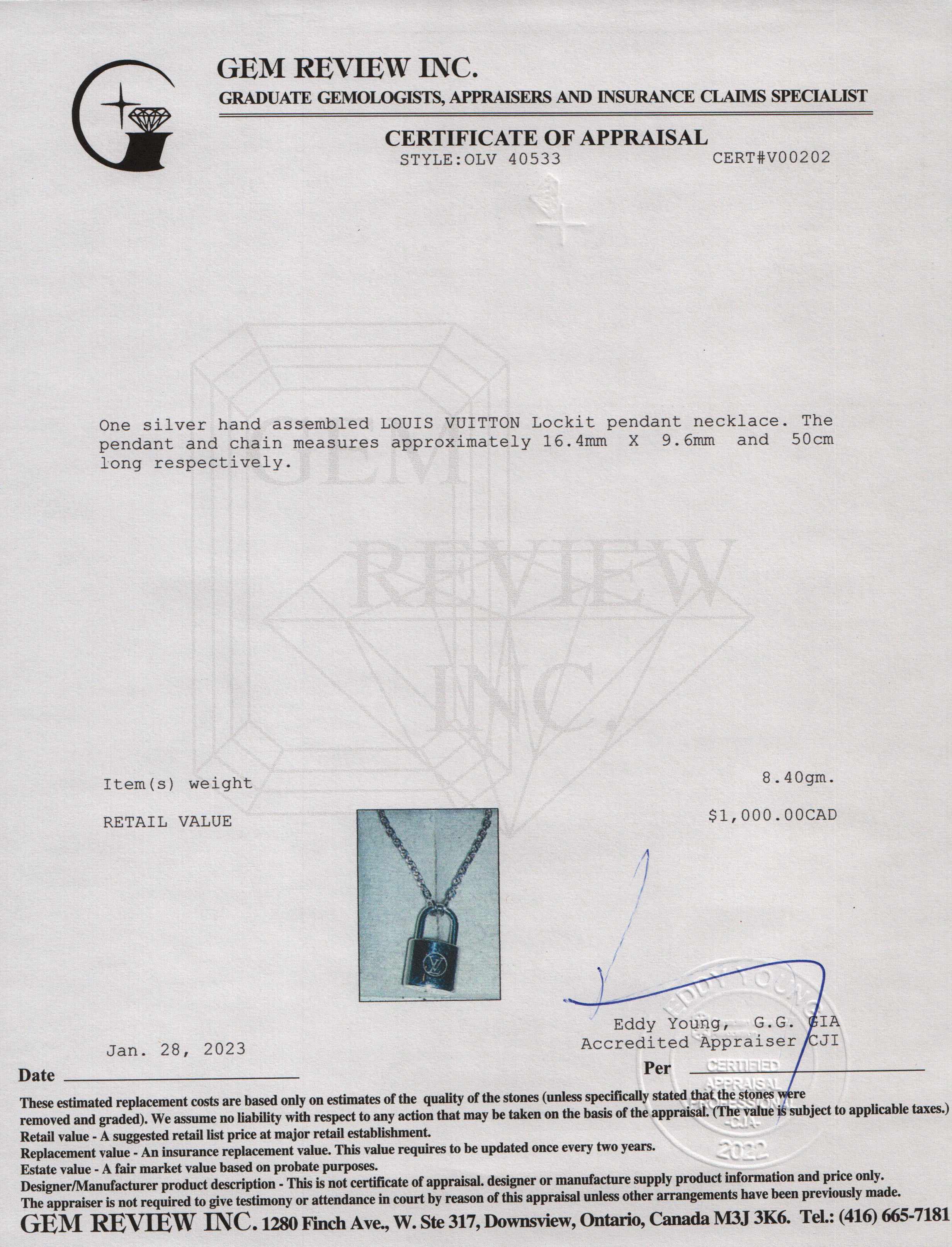 Louis Vuitton Sterling Silver Lockit Pendant Necklace