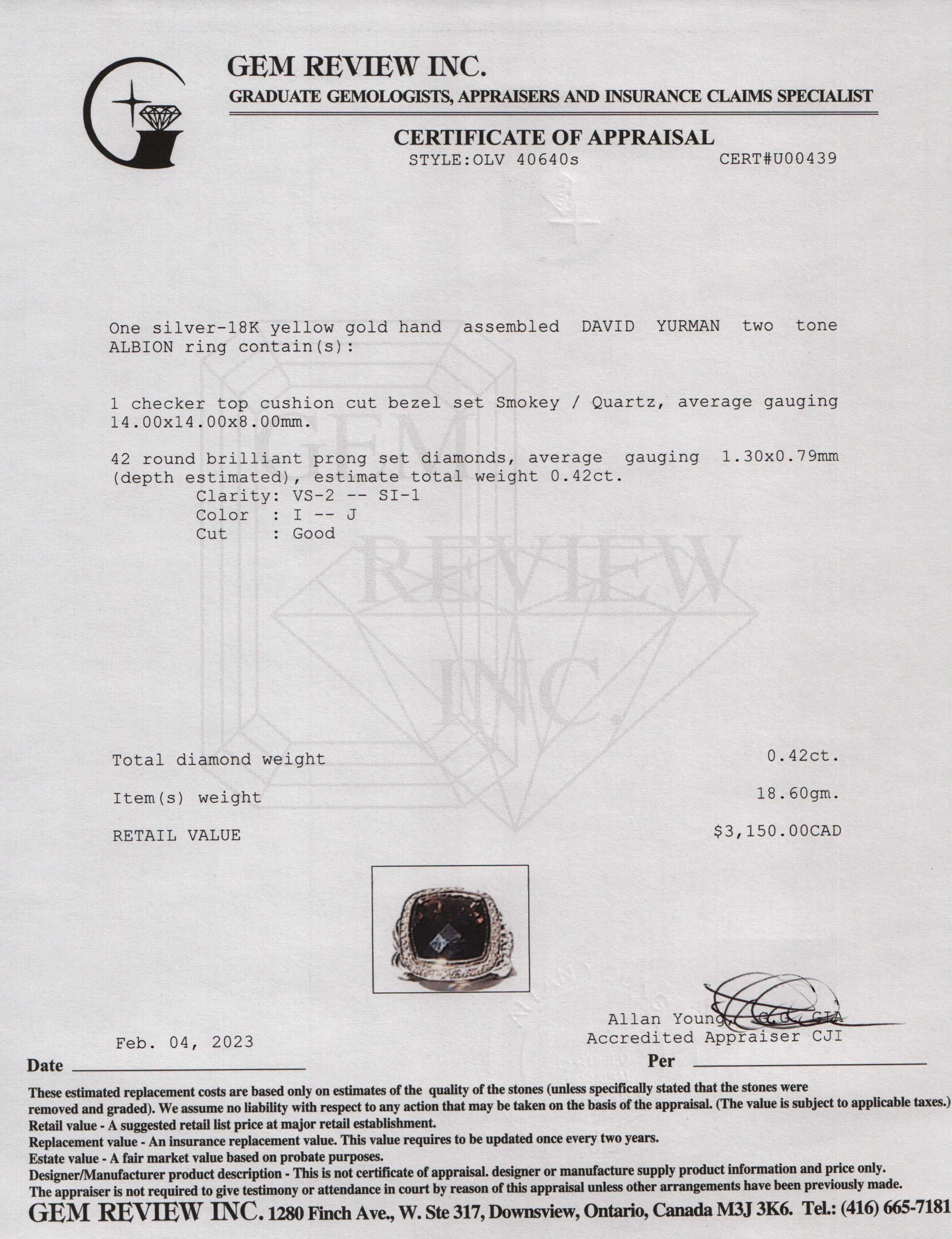 David Yurman Two-Tone Smoky Quartz & Diamond Albion Ring