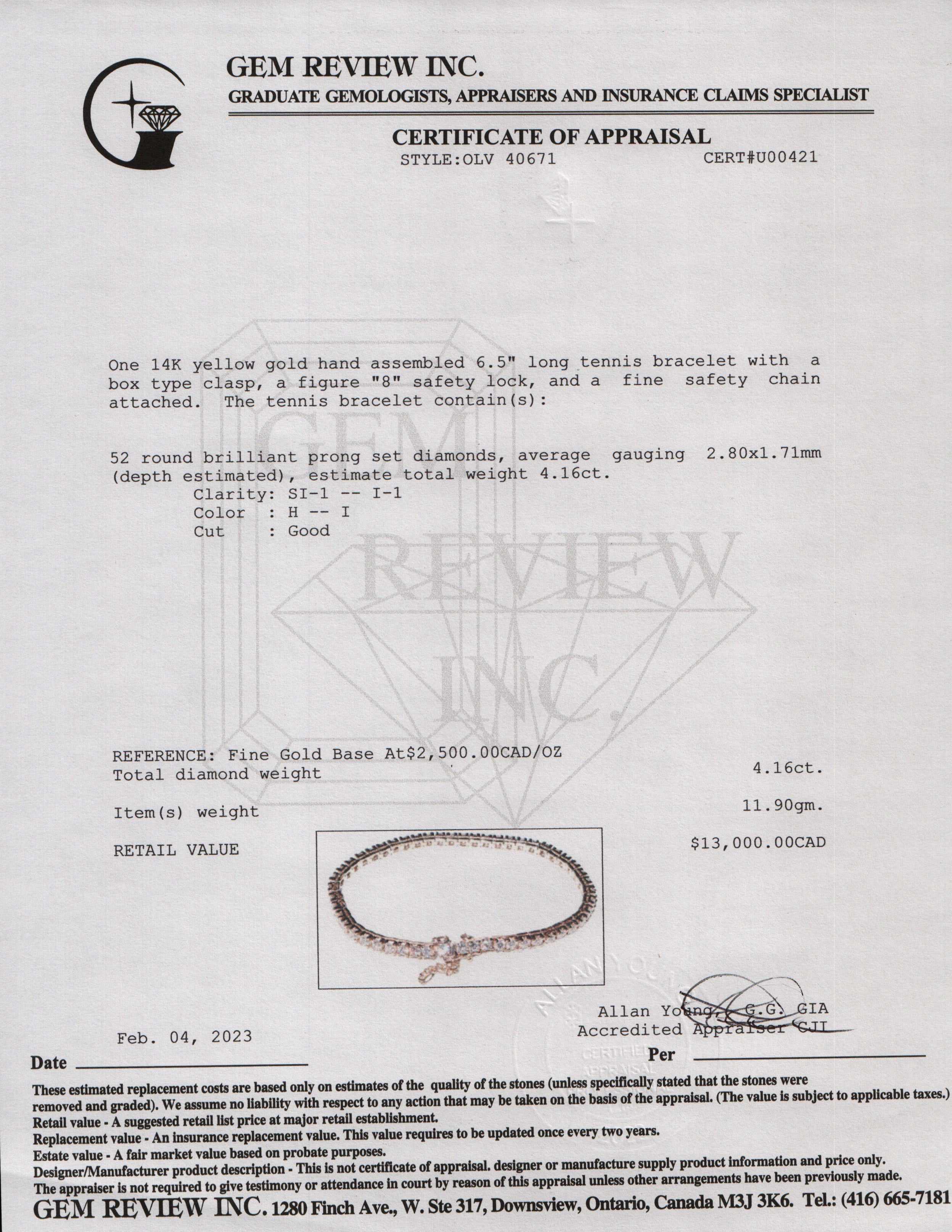 14k Yellow Gold Diamond Tennis Bracelet