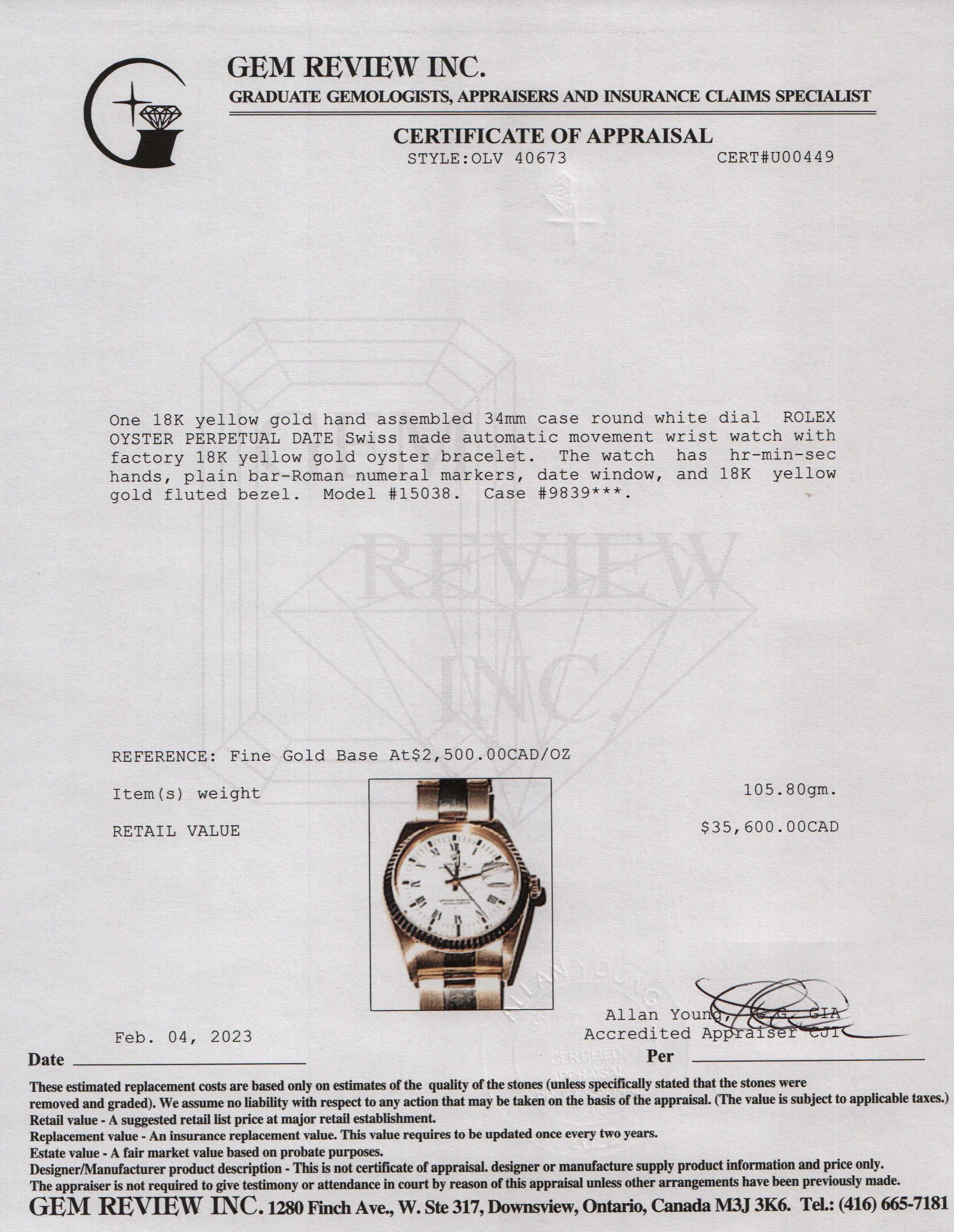 Rolex 18k Yellow Gold Oyster Perpetual Date