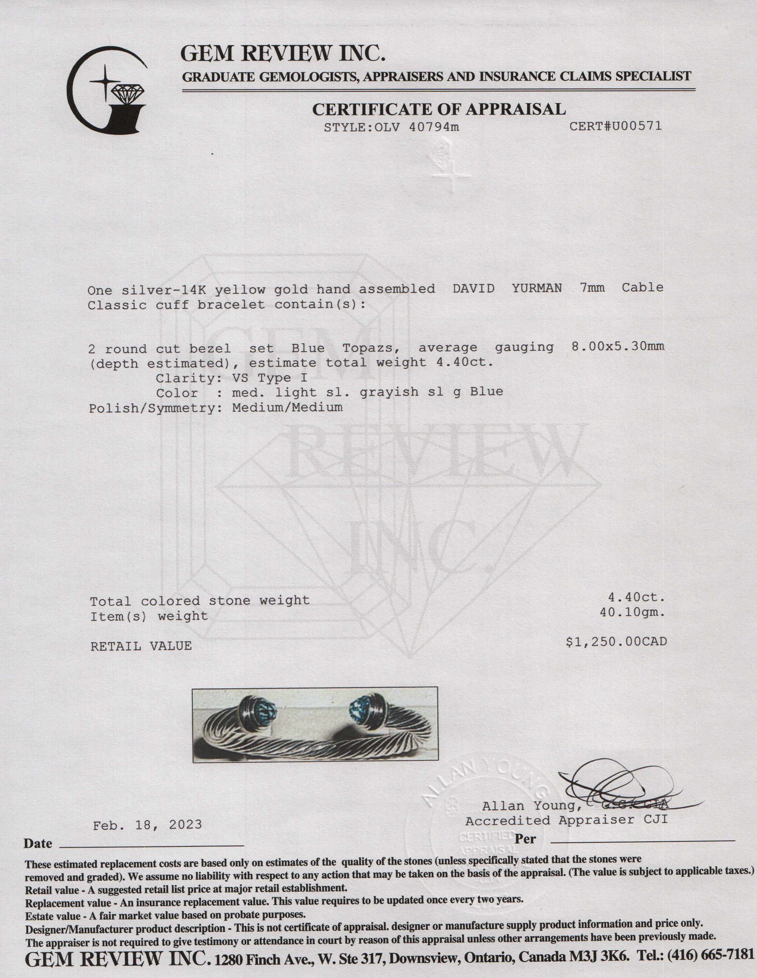 David Yurman Two-Tone 7mm Cable Classics Bracelet with Blue Topaz