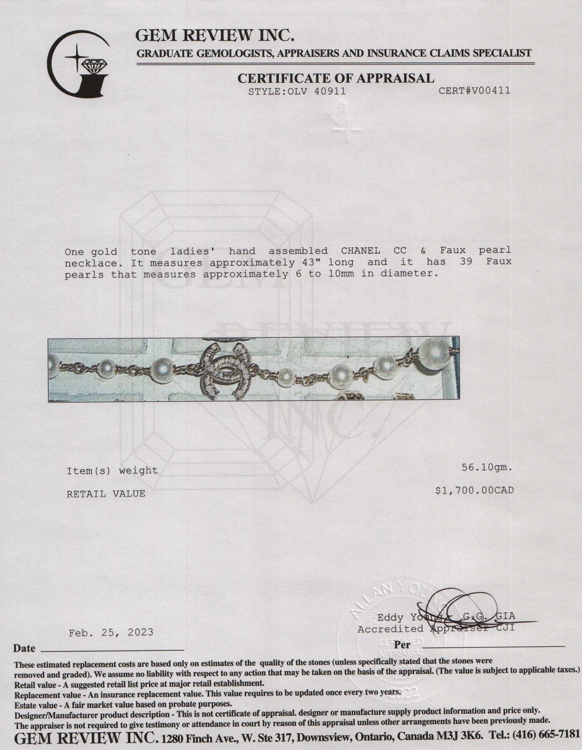 Chanel Faux Pearl & CC Station Necklace w/ Box & Receipt