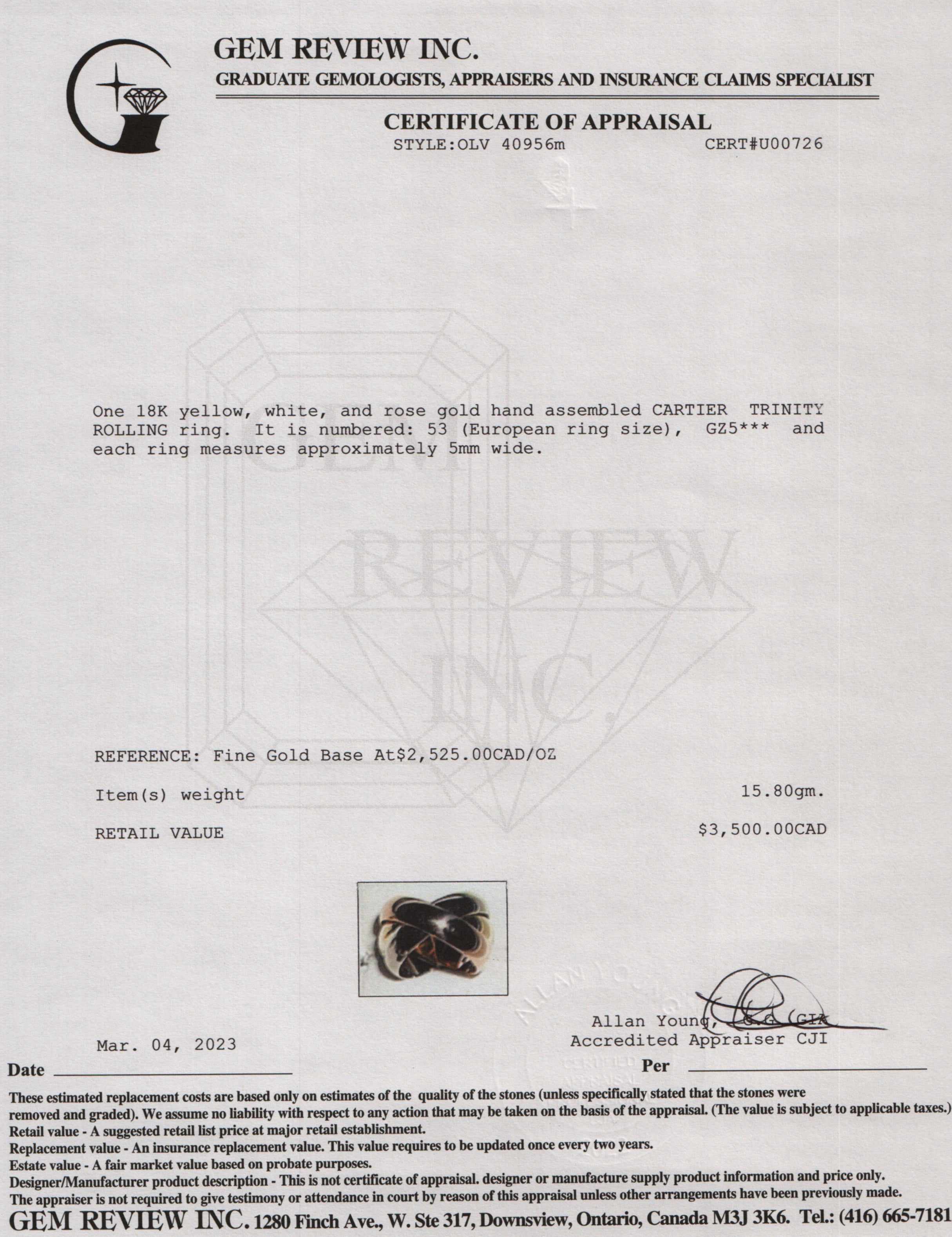 Cartier Trinity Rolling Ring, Large Model w/ Box & Certificate