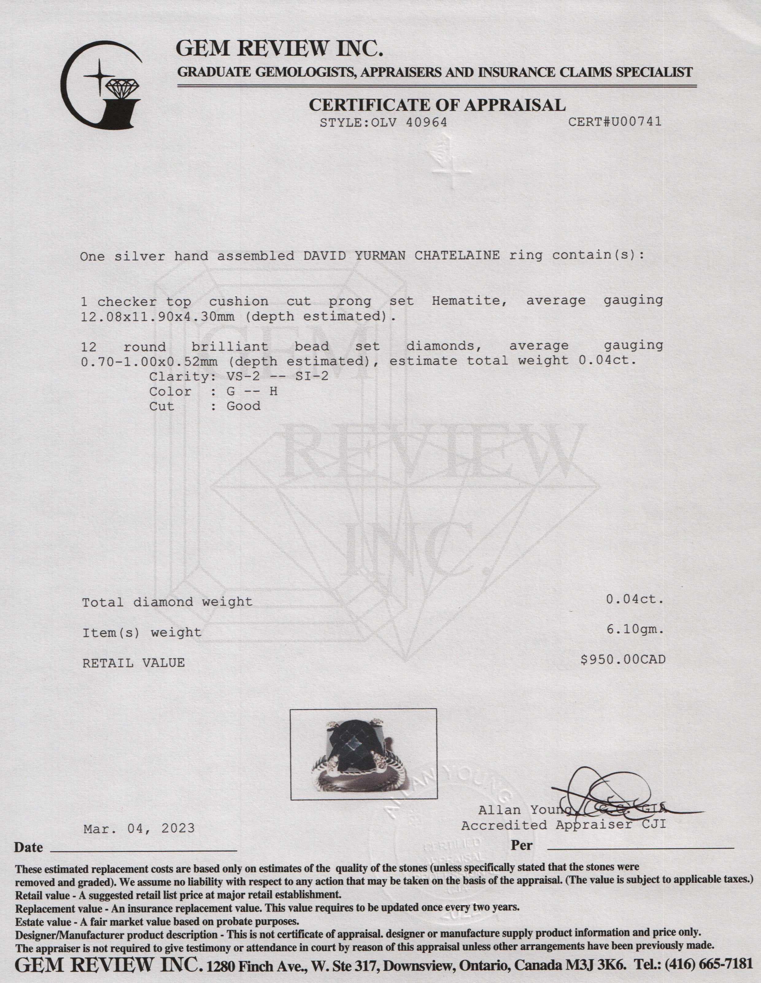 David Yurman Hematite & Pave Diamond Chatelaine Ring