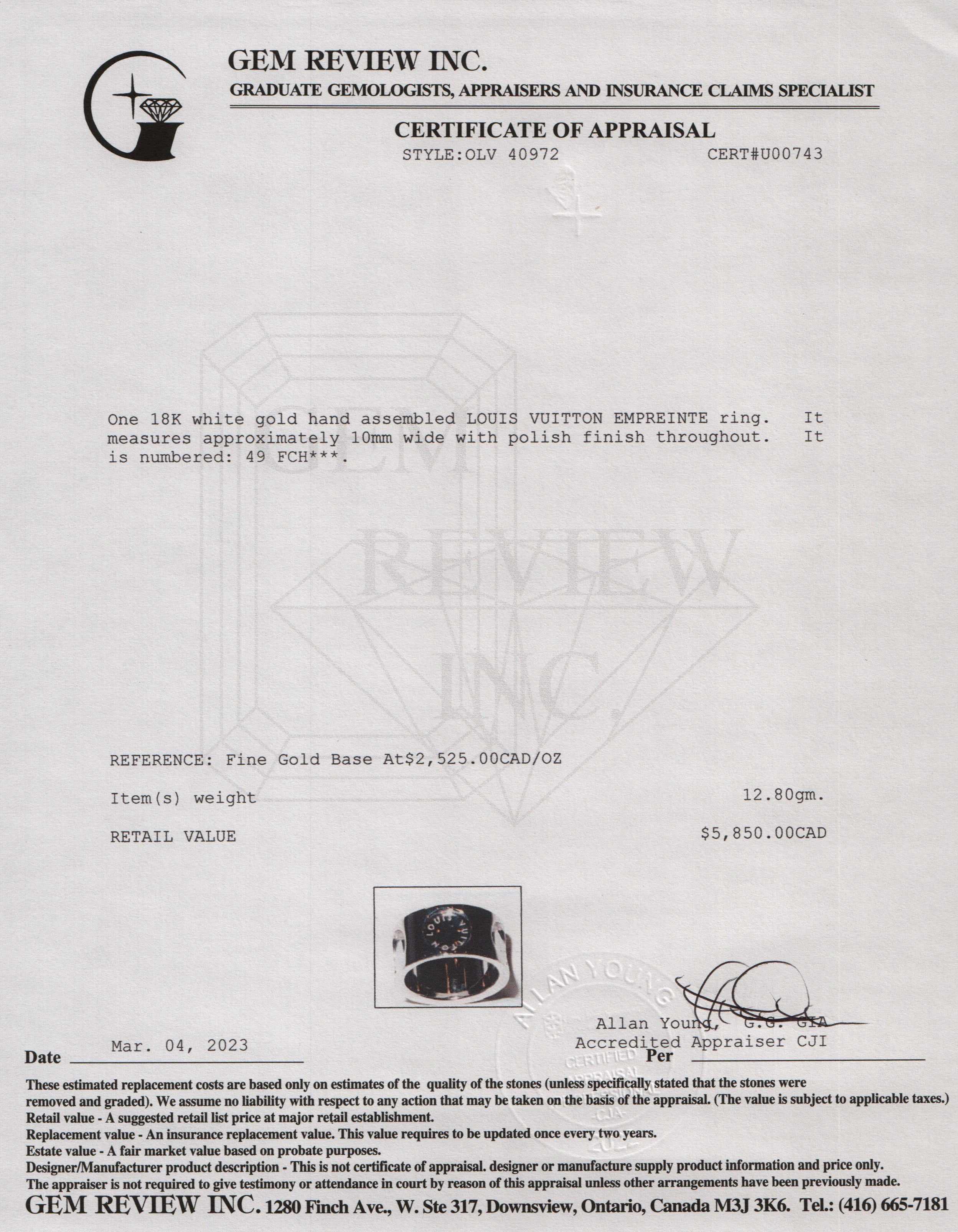 Louis Vuitton 18k White Gold Wide Empreinte Ring