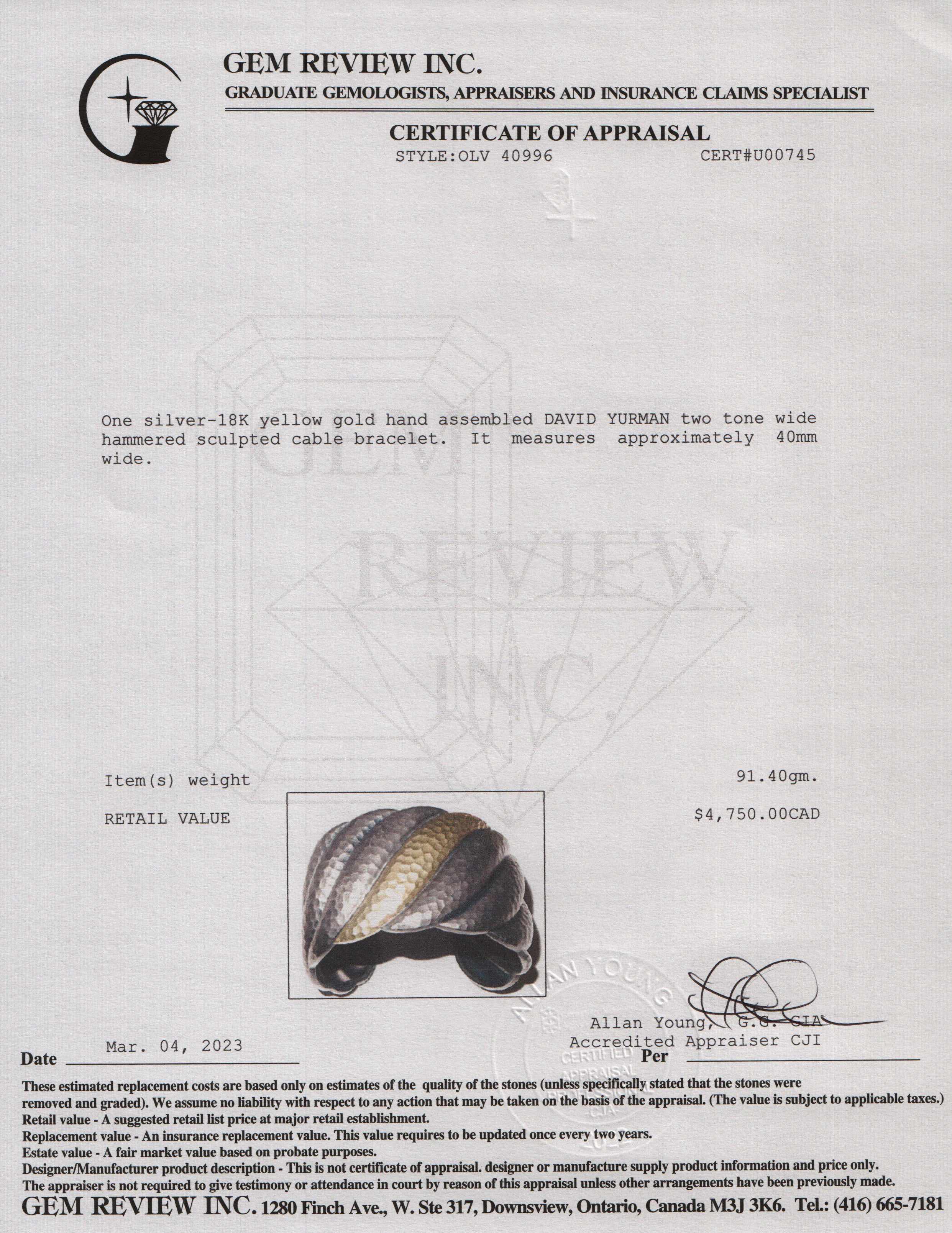 David Yurman Two-Tone Wide Hammered Sculpted Cable Bracelet