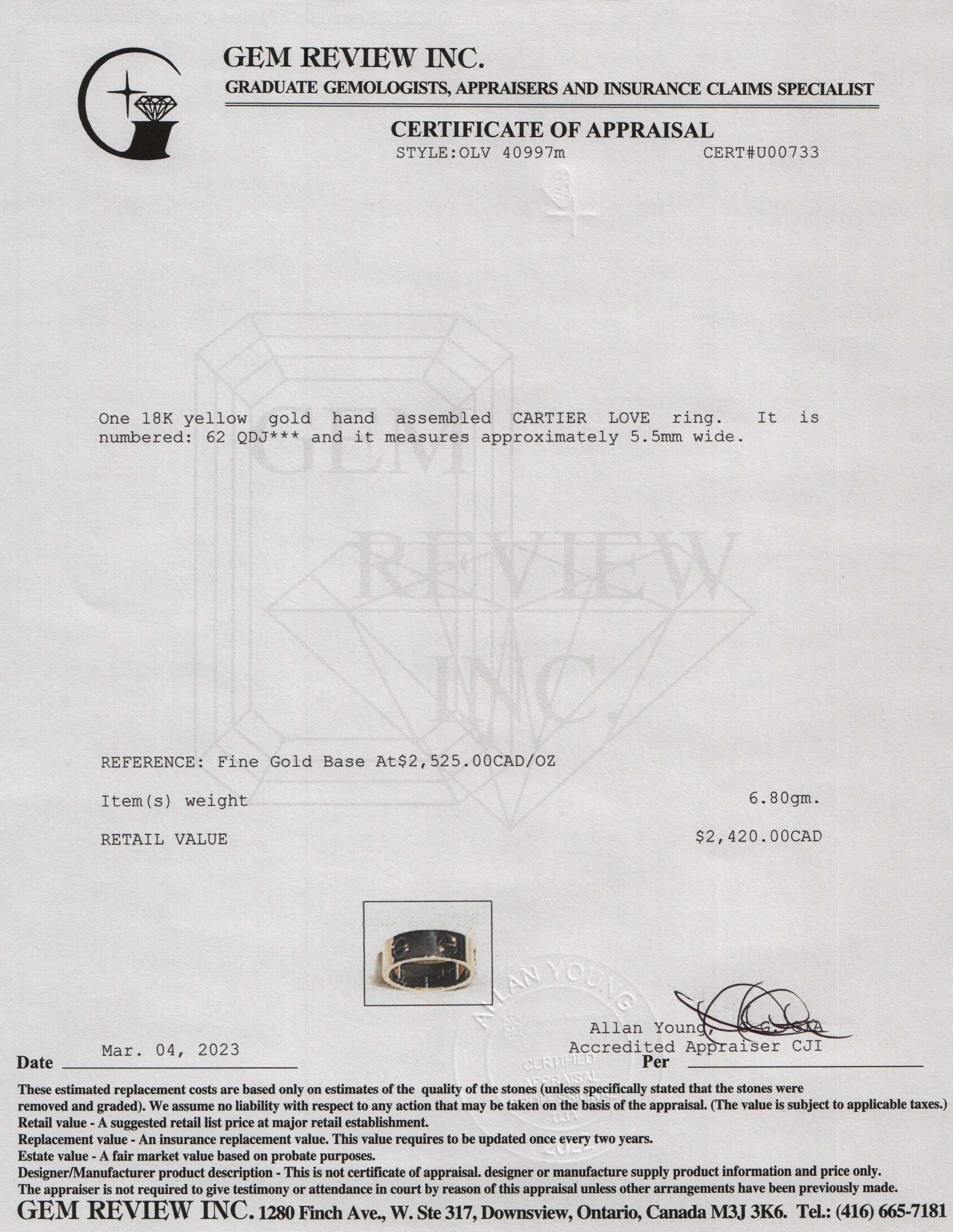 Cartier 18k Yellow Gold Love Ring