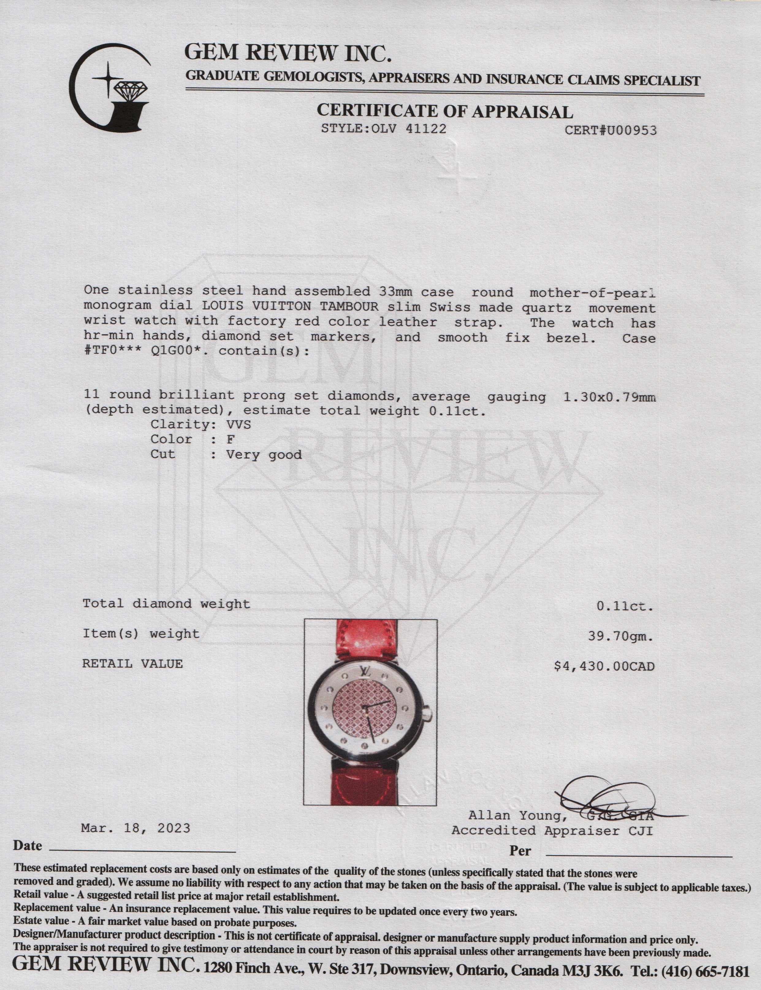 Louis Vuitton Tambour Slim Monogram Diamond Watch w/ Box