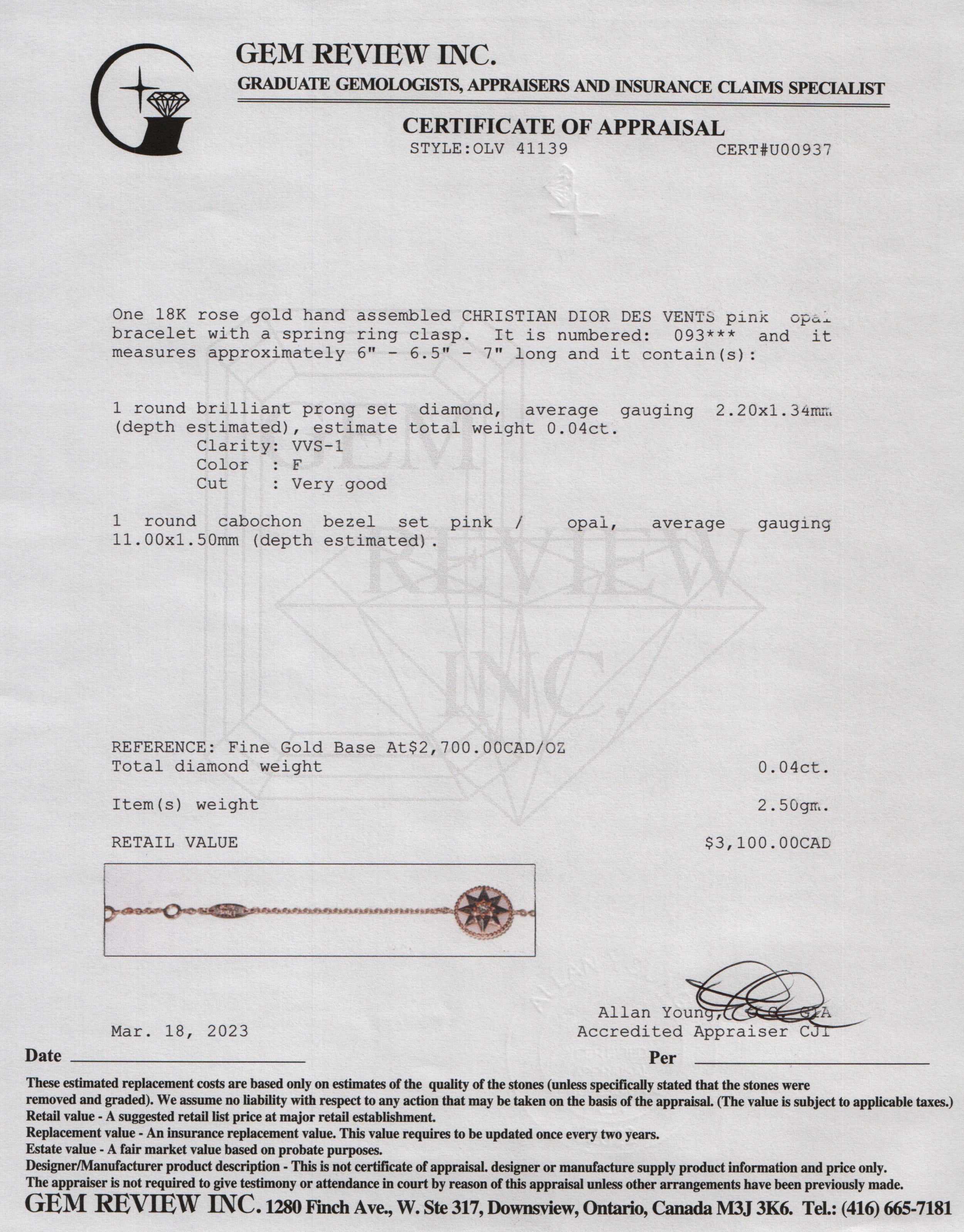 Christian Dior 18k Rose Gold Rose Des Vents Bracelet with Pink Opal & Diamond