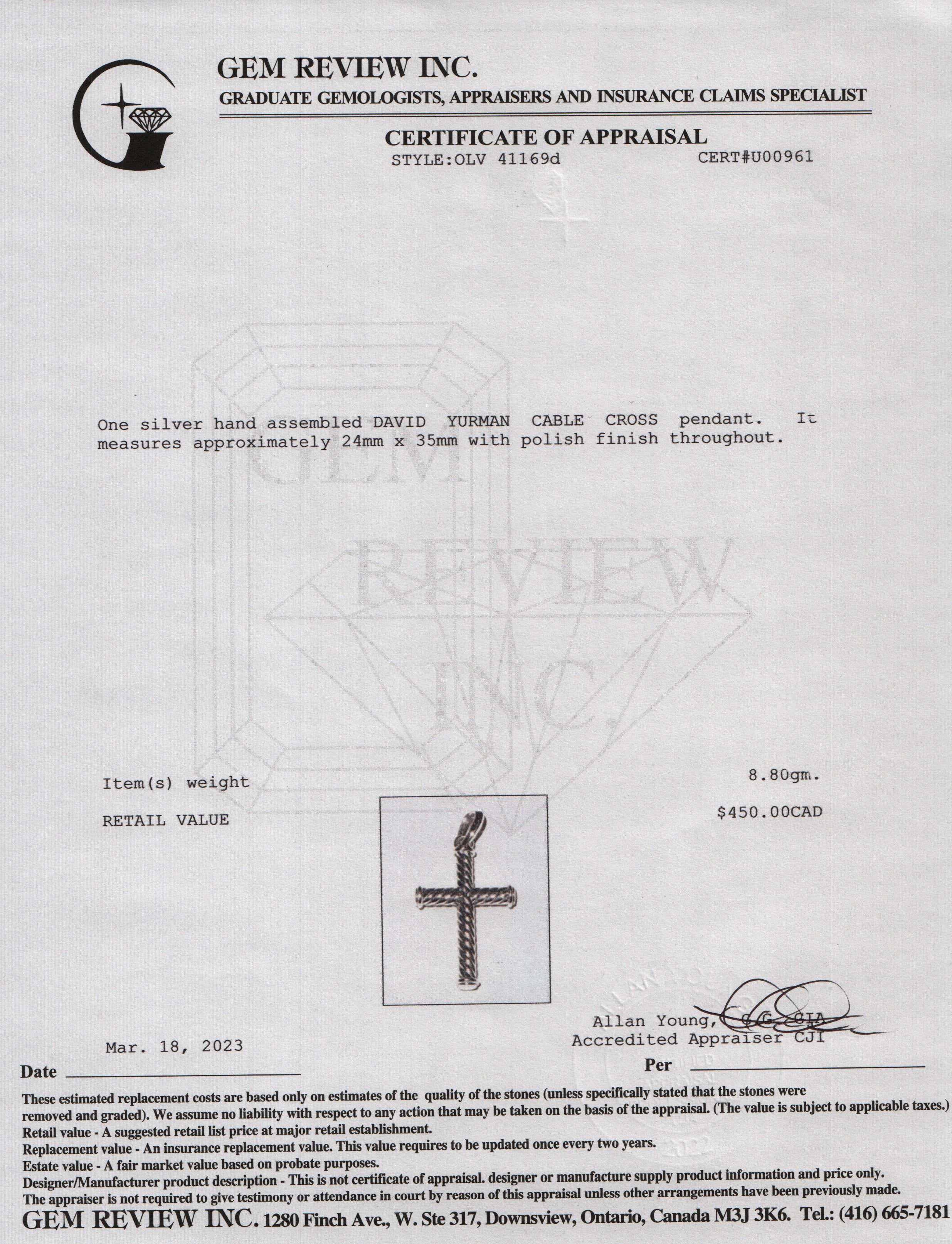 David Yurman Cable Cross Pendant