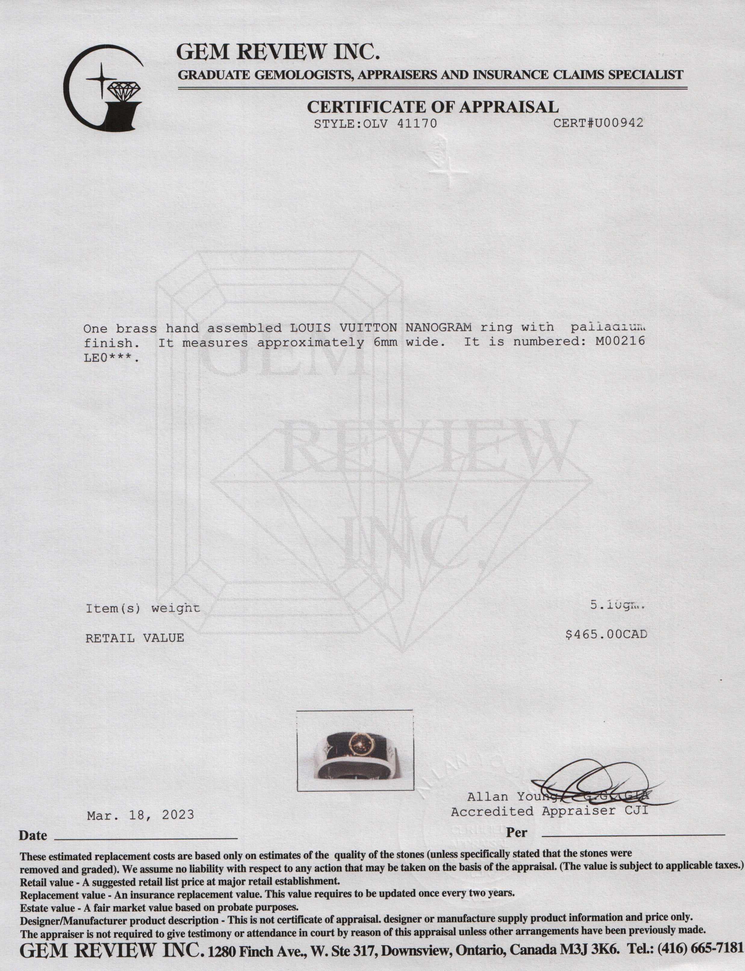 Louis Vuitton Nanogram Ring w/ Box