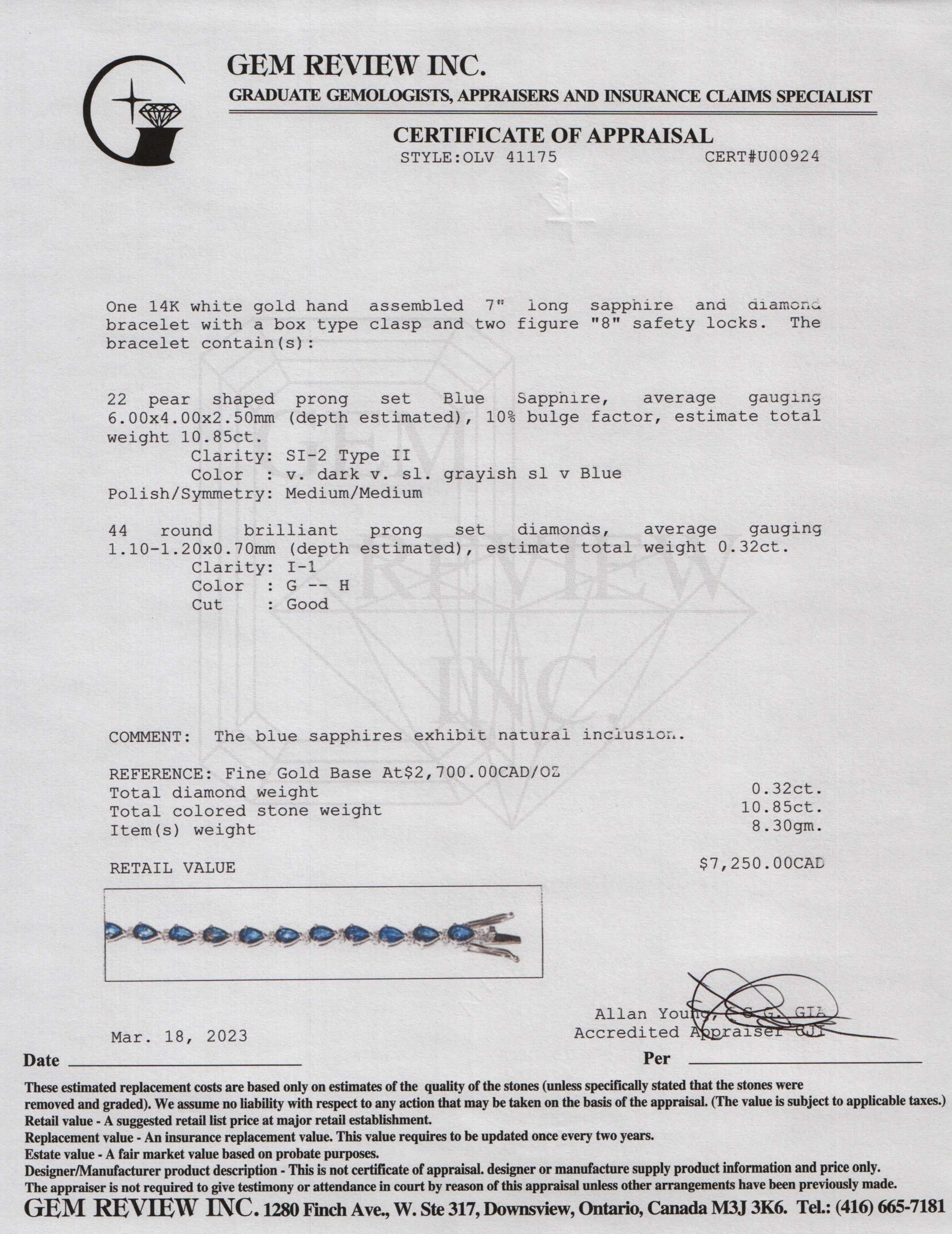 14k White Gold Blue Sapphire & Diamond Bracelet