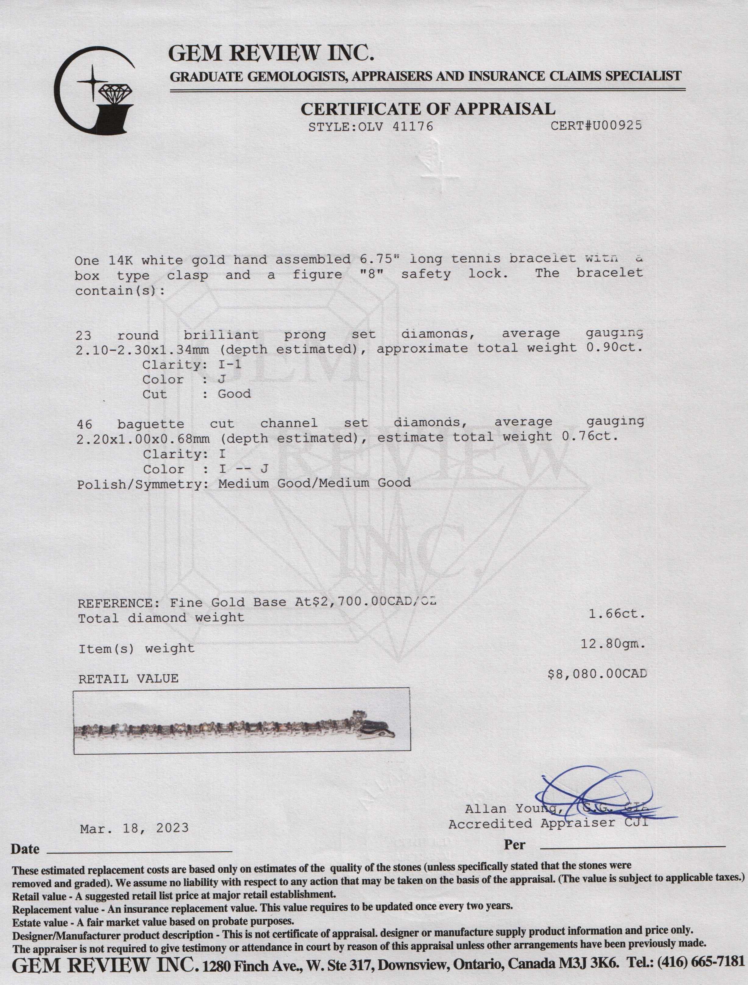 14k White Gold Round & Baguette Cut Diamond Tennis Bracelet