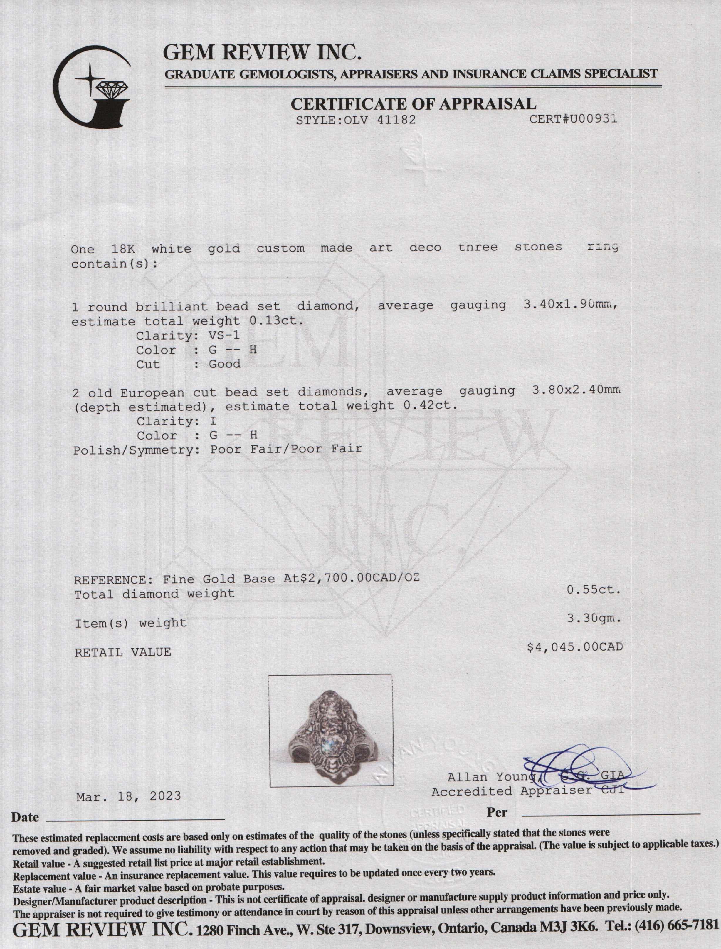 Antique Art Deco 18k White Gold Three Stone Diamond Ring