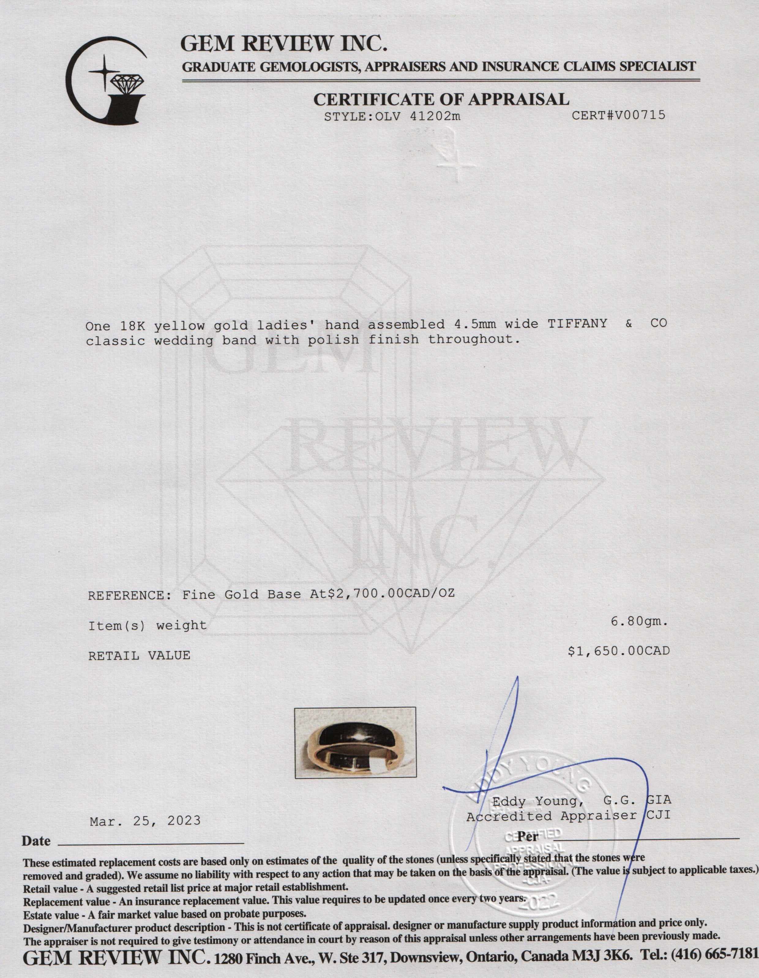 Tiffany & Co. 18k Yellow Gold Forever Wedding Band Ring