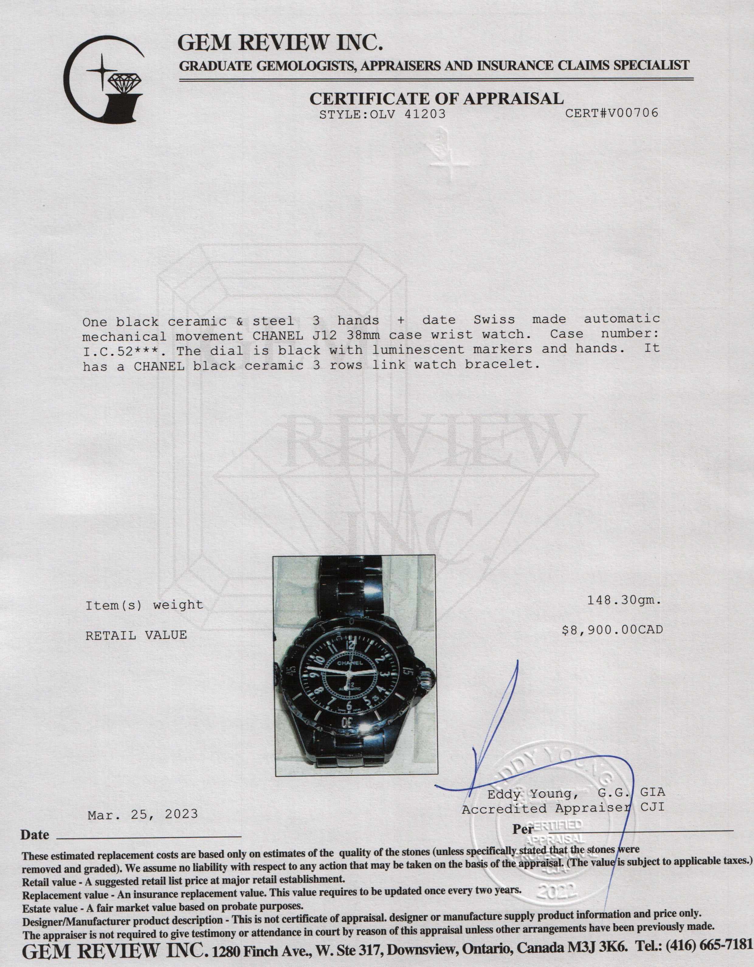 Chanel Black Ceramic J12 Automatic Watch