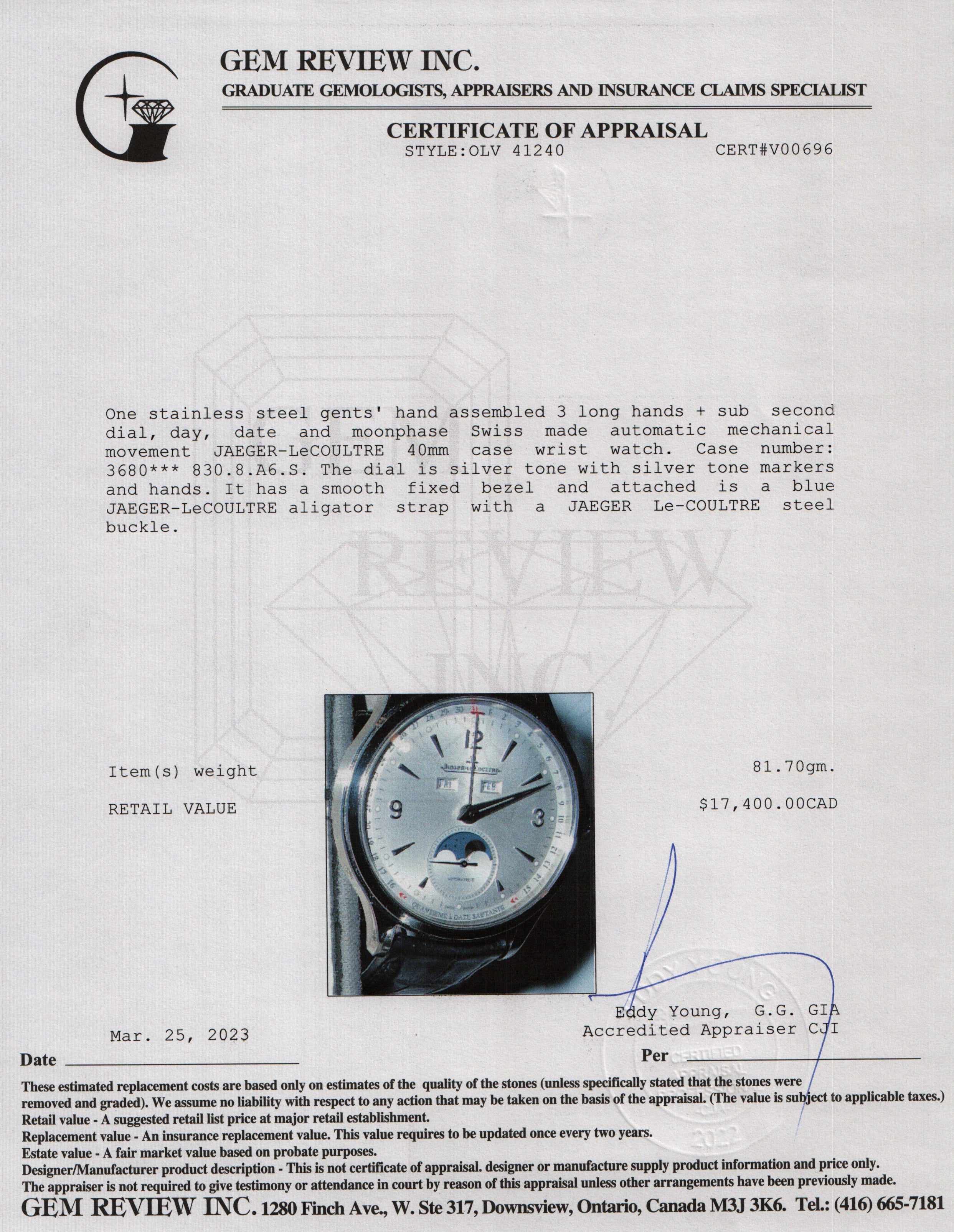 Jaeger-LeCoultre 2023 Master Calendar Moonphase Watch w/ Box & Papers