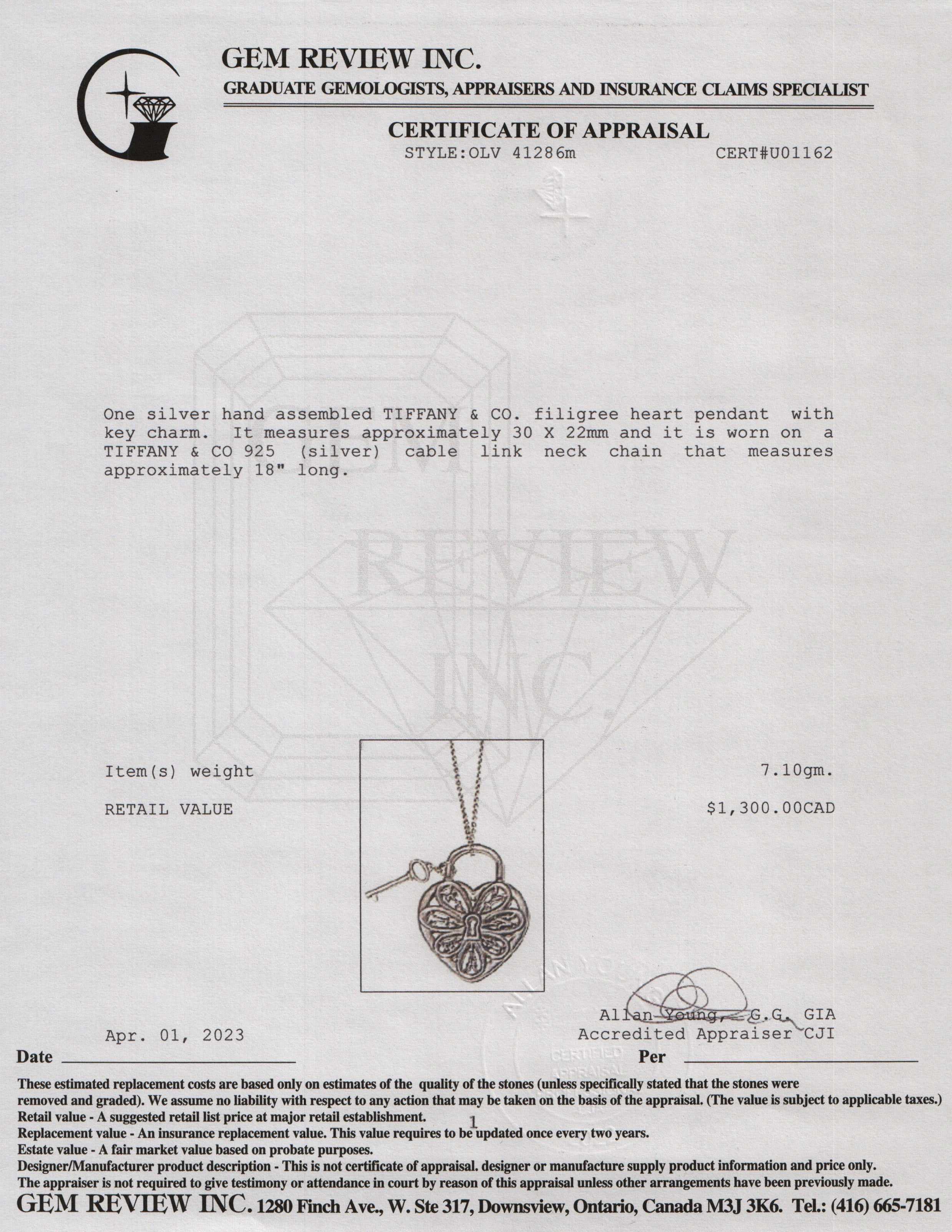 Tiffany & Co. Filigree Heart Lock & Key Pendant Necklace