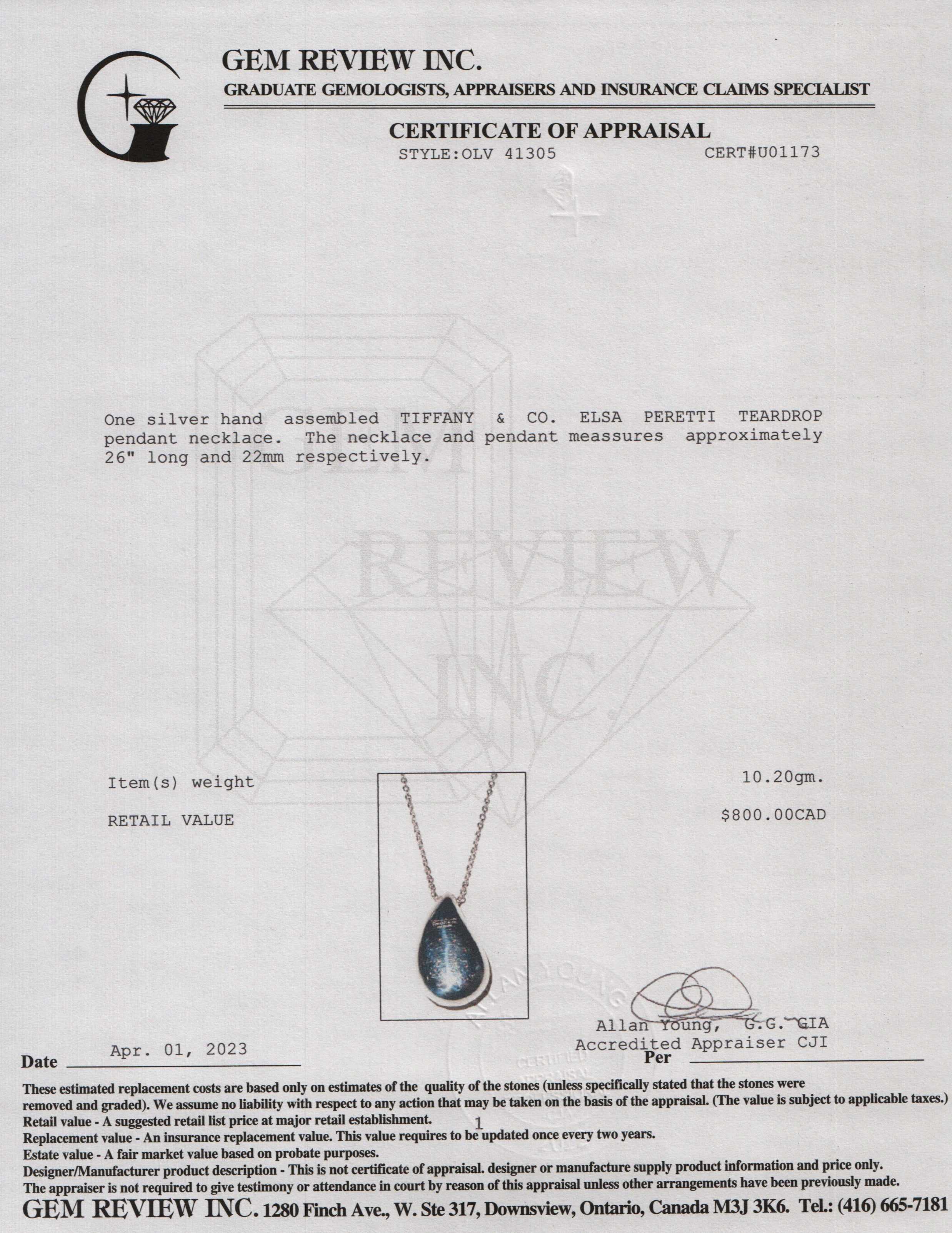 Tiffany & Co. Elsa Peretti Teardrop Pendant Necklace, 22 mm long