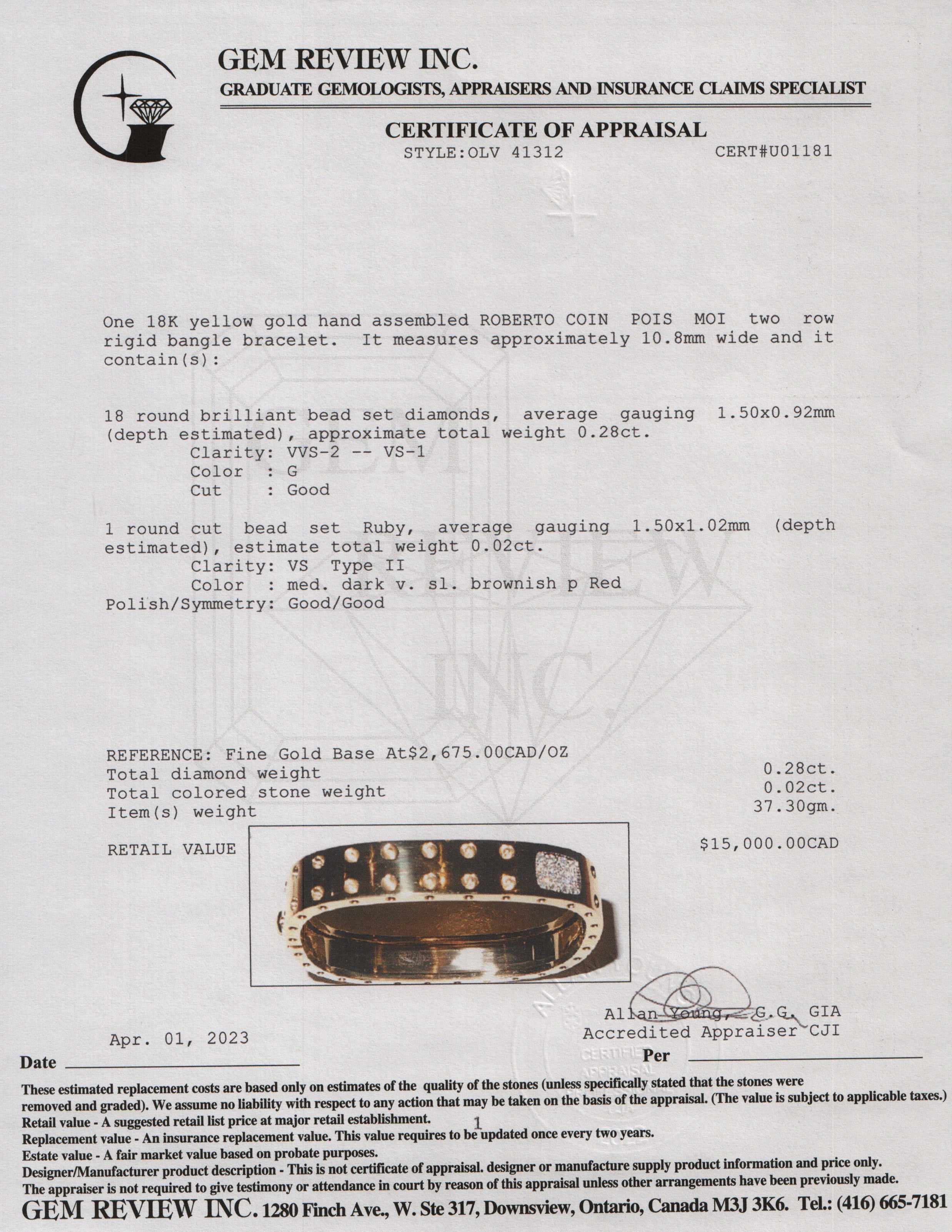 Roberto Coin 18k Yellow Gold Diamond Pois Moi Two-Row Rigid Bangle