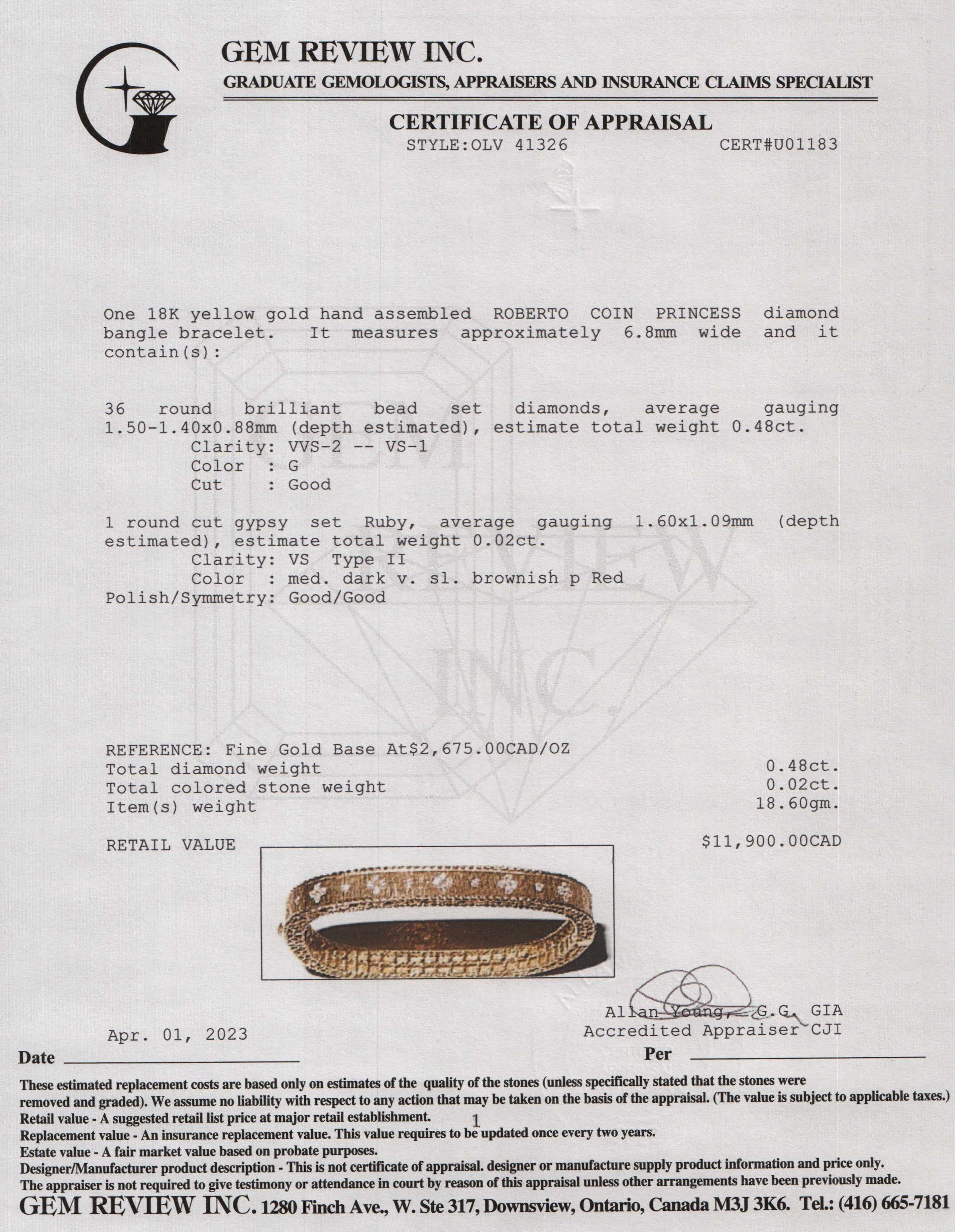 Roberto Coin 18k Yellow Gold Diamond Princess Bangle
