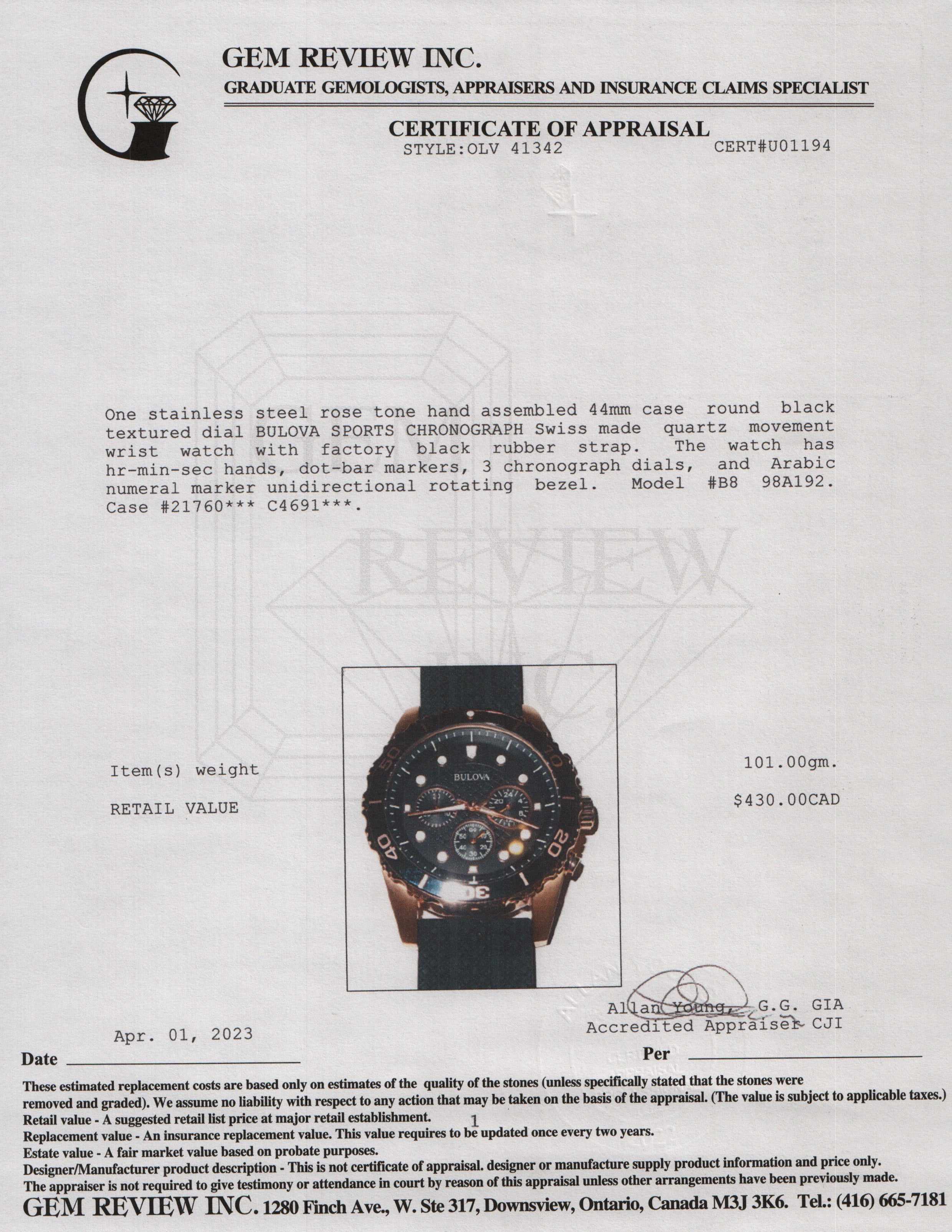 Bulova Sports Chronograph 44mm Watch w/ Box