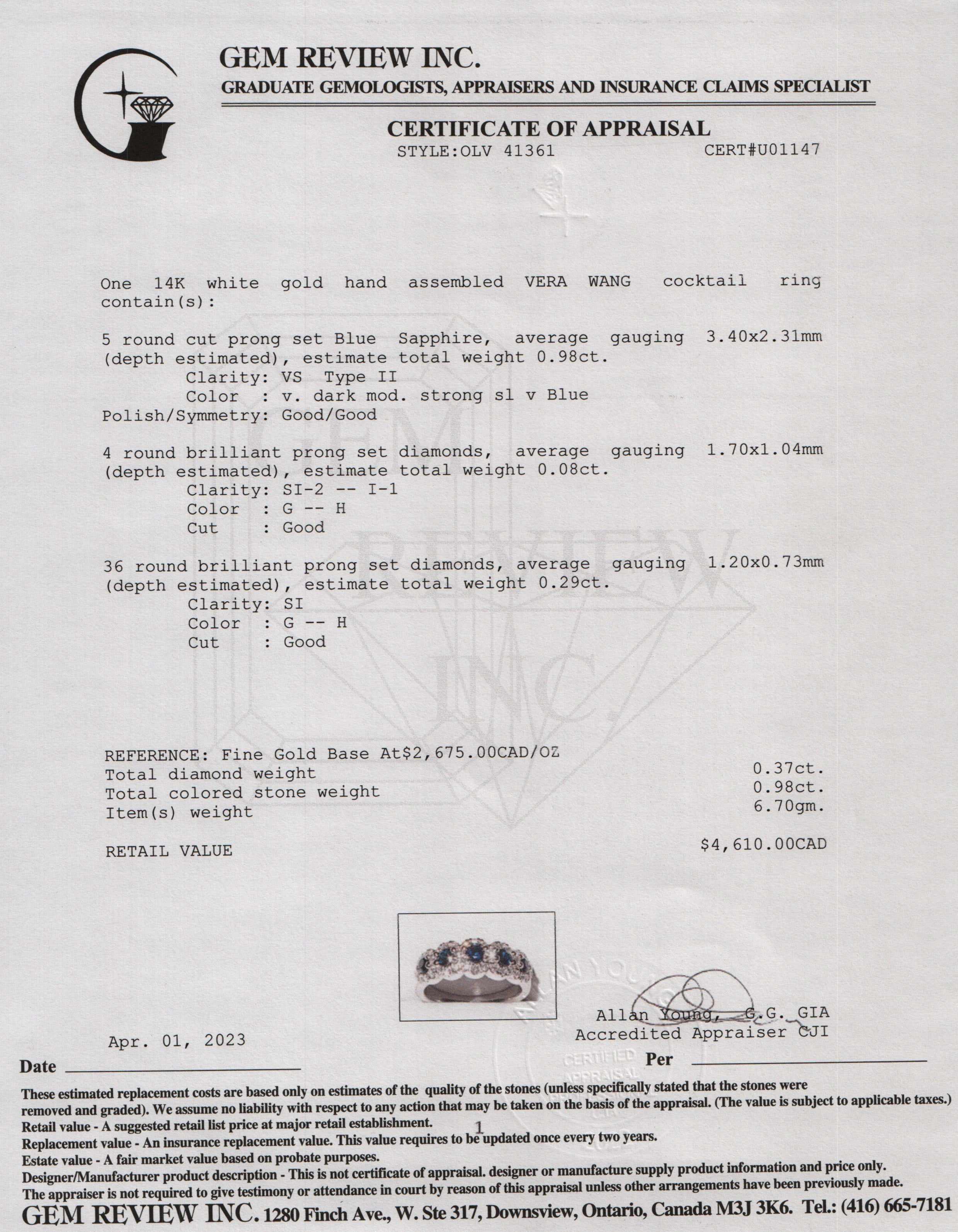 Vera Wang 14k White Gold Blue Sapphire & Diamond Cocktail Ring